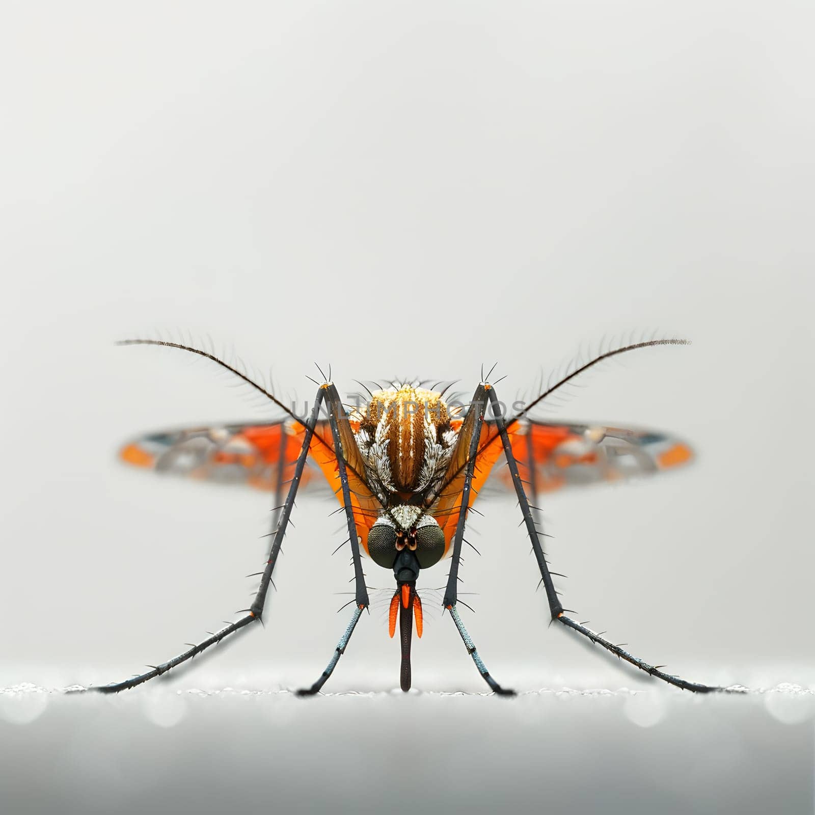 A close up of an Arthropod, Membranewinged insect, or Invertebrate, such as a mosquito, resting on a white surface, showcasing its intricate Wing symmetry