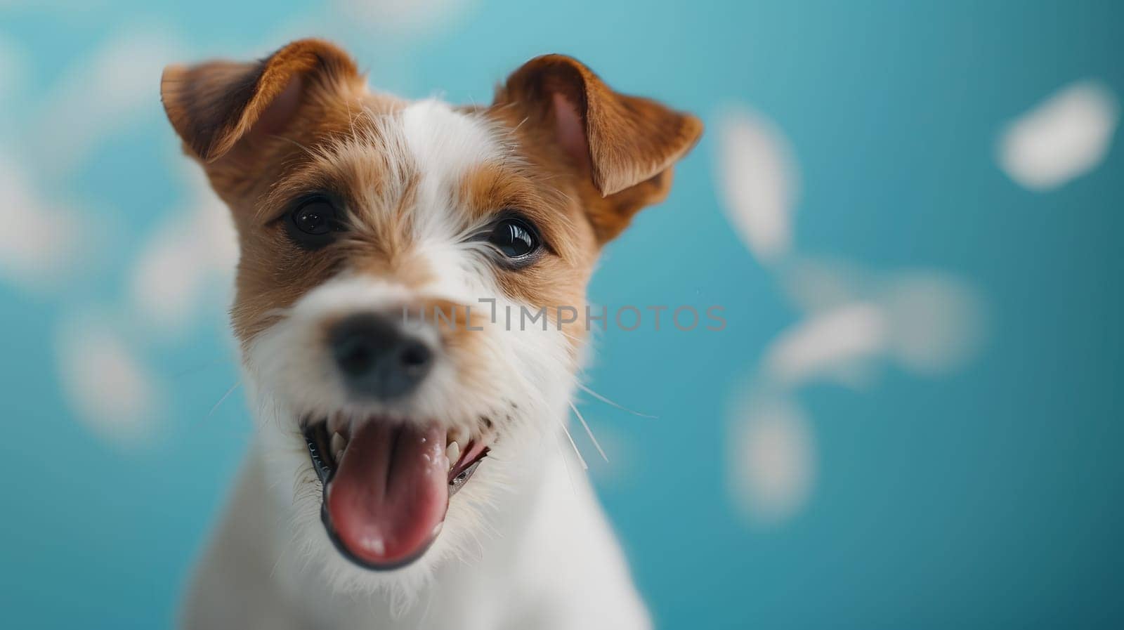 A Terrier, specifically an Irish Jacks, a carnivorous working animal and companion dog breed, is on a blue background, with its whiskers and collar visible, sitting with its tongue out