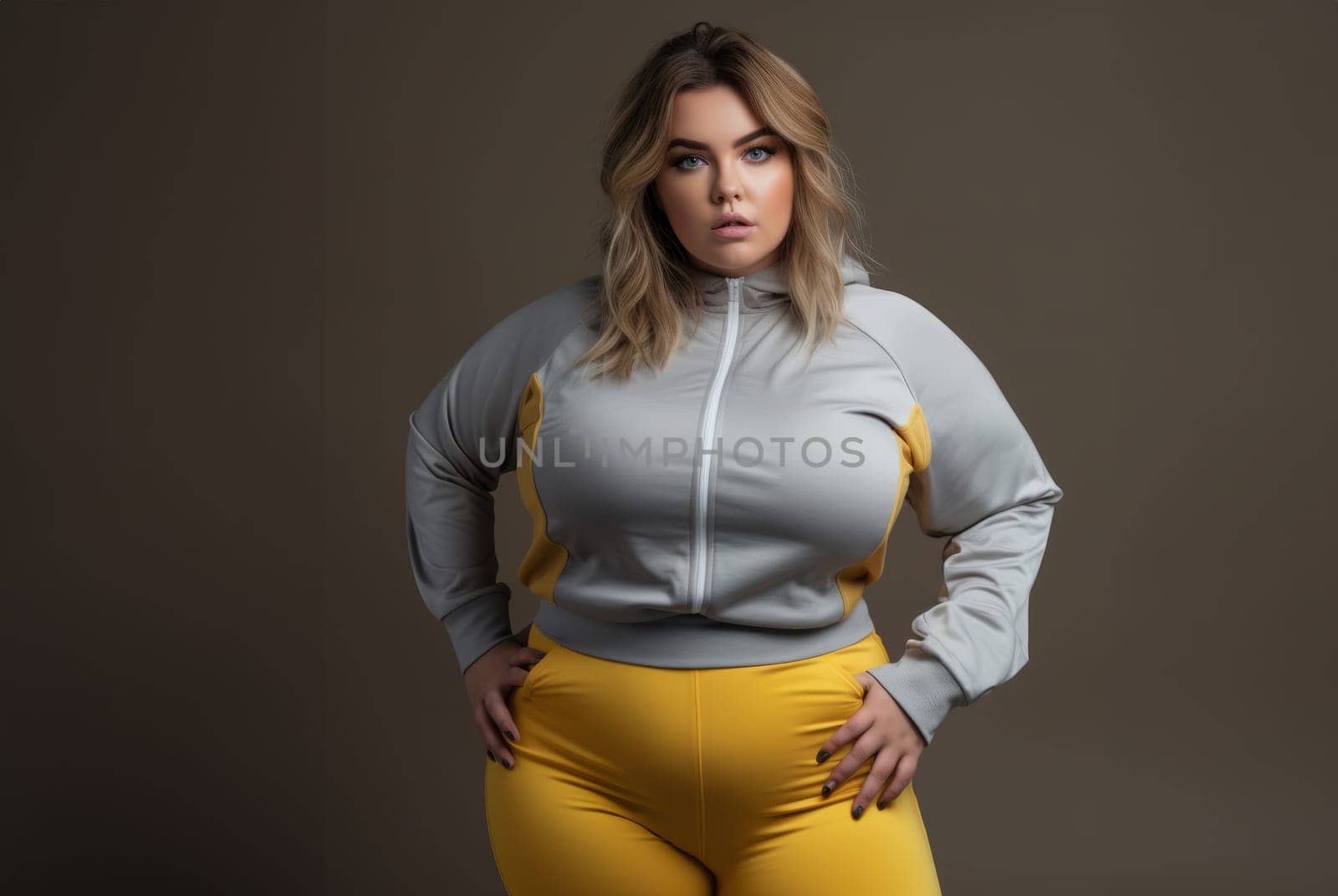 A plus-size woman in yellow activewear commands attention on a grey mat, radiating strength and determination.
