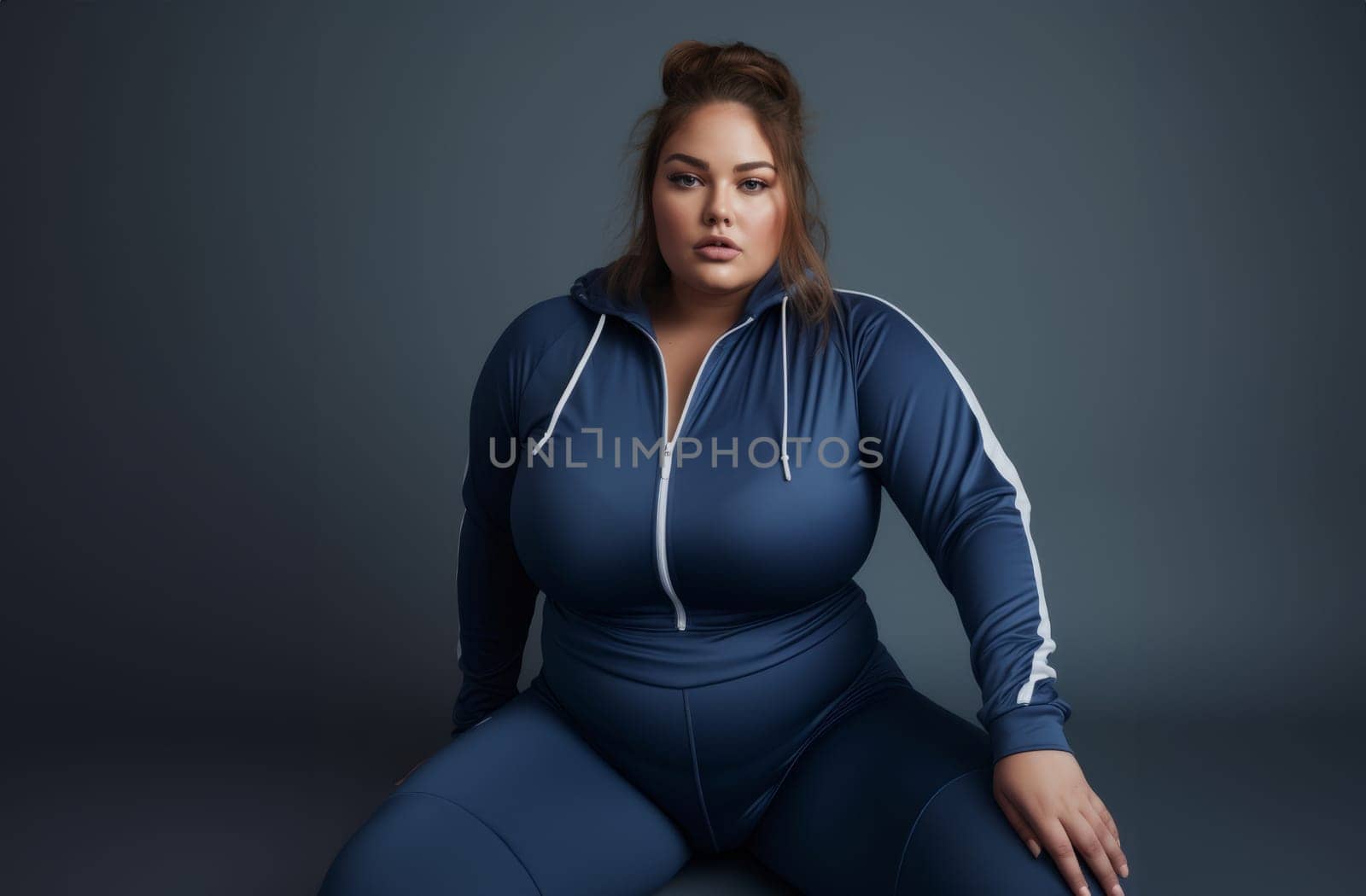 A plus-size woman in blue workout clothes strikes a pose of strength and determination on a blue mat.Generated image by dotshock