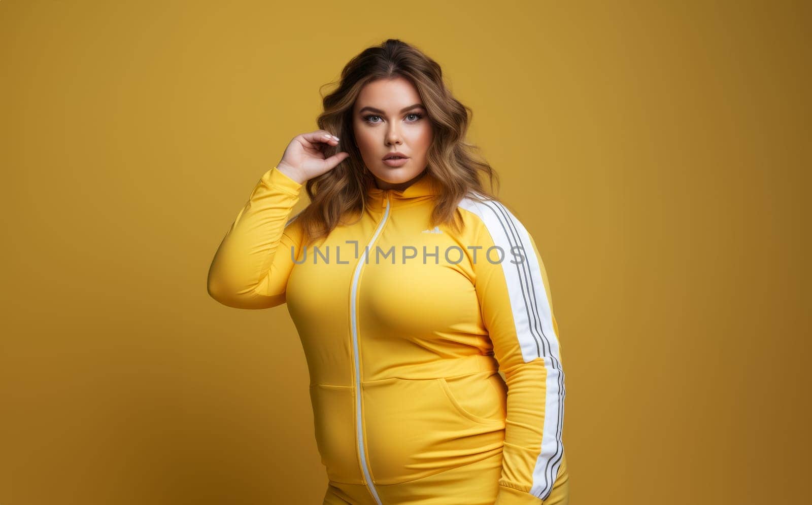A plus-size woman in yellow activewear commands attention on a yellow mat, radiating strength and determination. Generated image by dotshock