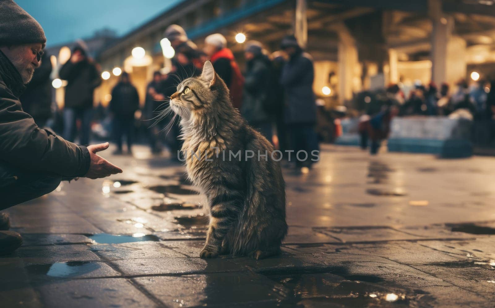 A kind stranger feeds a stray cat on a cold, rainy night.Generated image by dotshock