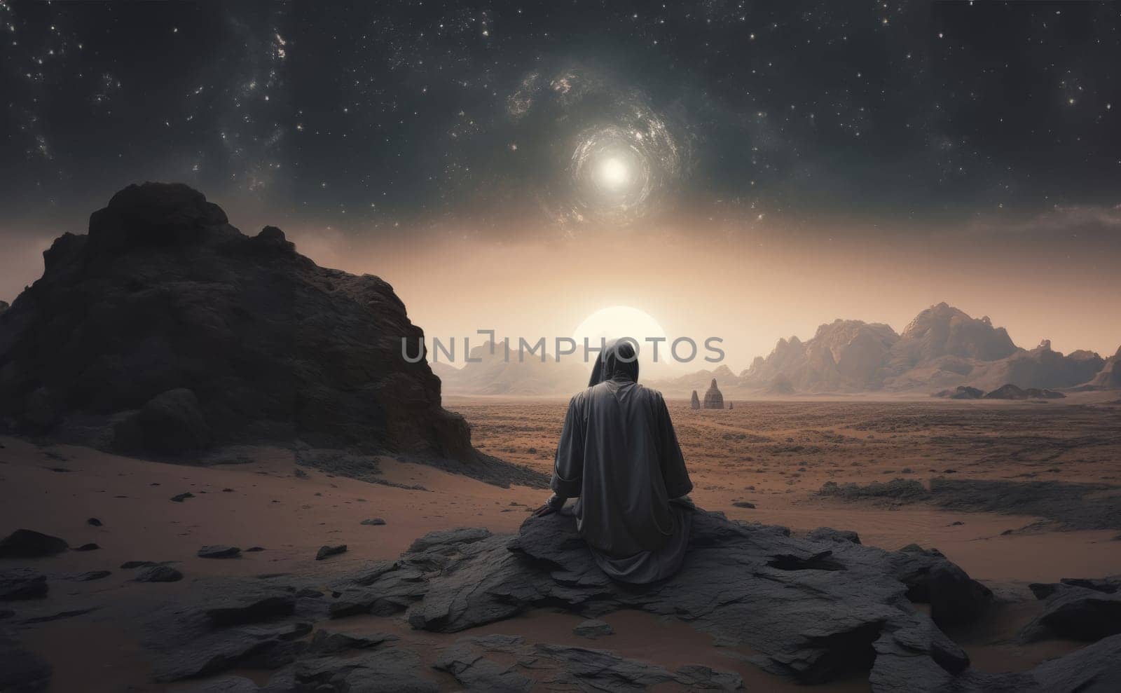 A Muslim woman in hijab stands on the surface of the moon, welcoming the first Ramadan in a new era of space exploration.Generated image by dotshock