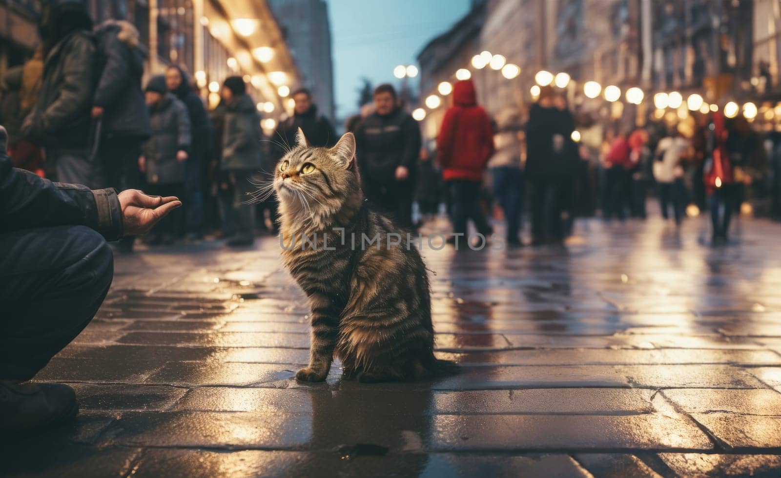 A kind stranger feeds a stray cat on a cold, rainy night.Generated image by dotshock