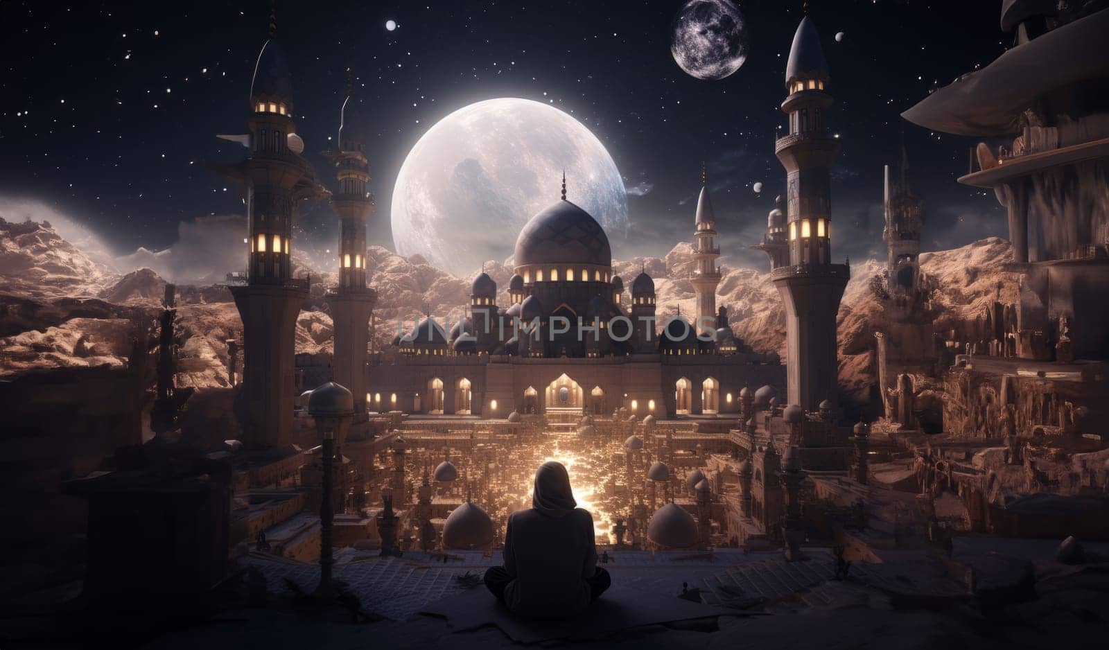 A Muslim woman in hijab stands on the surface of the moon, welcoming the first Ramadan in a new era of space exploration.Generated image by dotshock
