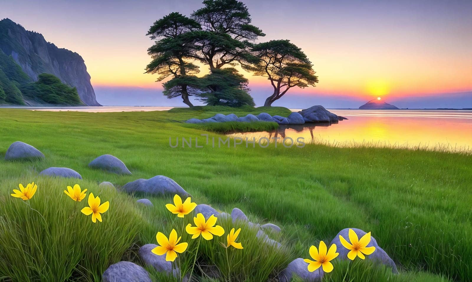 Inspirational Nature. A serene landscape photograph of a peaceful meadow at sunrise with a single flower resting on a rock or in the grass to convey a sense of tranquility and inner strength.