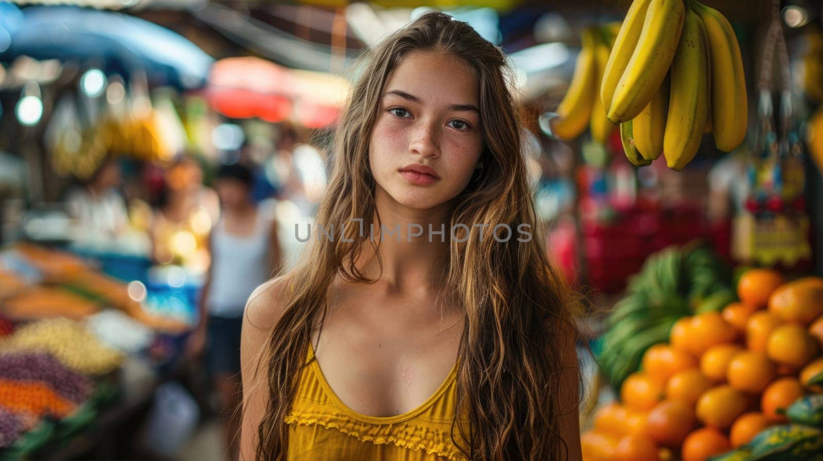 European girl against the backdrop of colorful market stalls by natali_brill