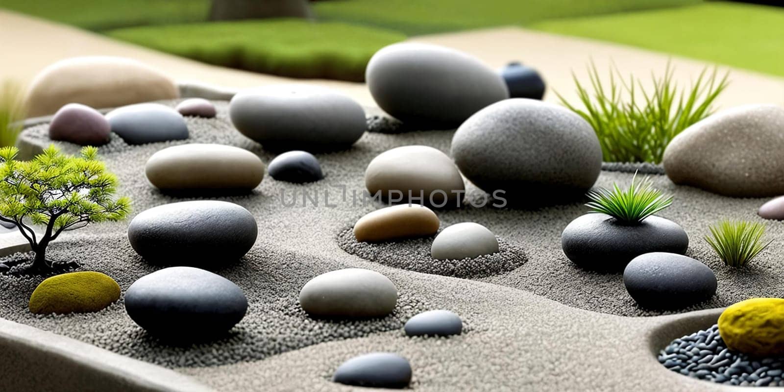 Mindfulness Moment. Capture the essence of mindfulness and meditation by photographing a zen garden with carefully arranged pebbles, a miniature bonsai tree, and a tranquil water fountain to evoke a sense of peace and balance.