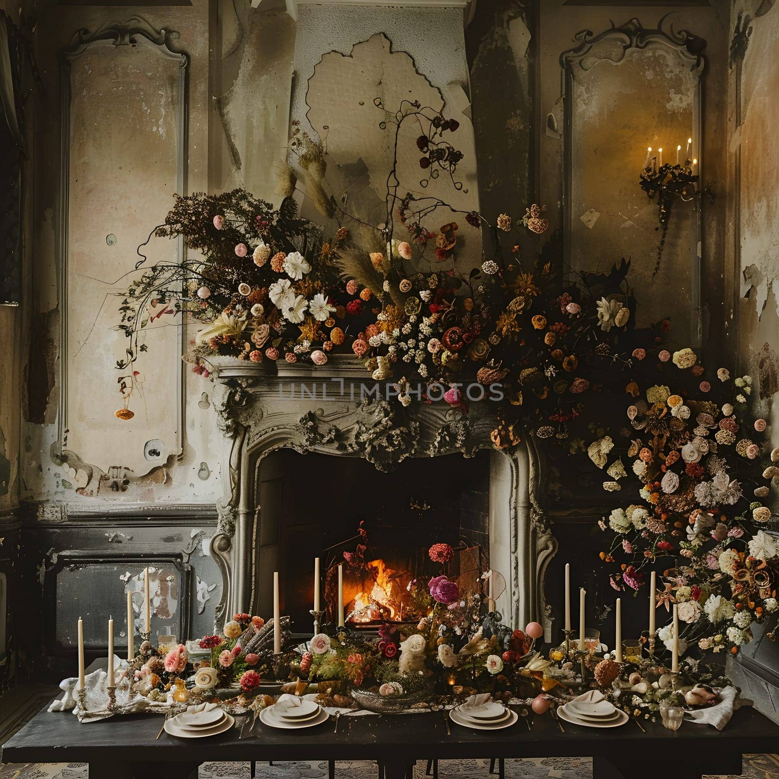 a table is set in front of a fireplace decorated with flowers and candles by Nadtochiy