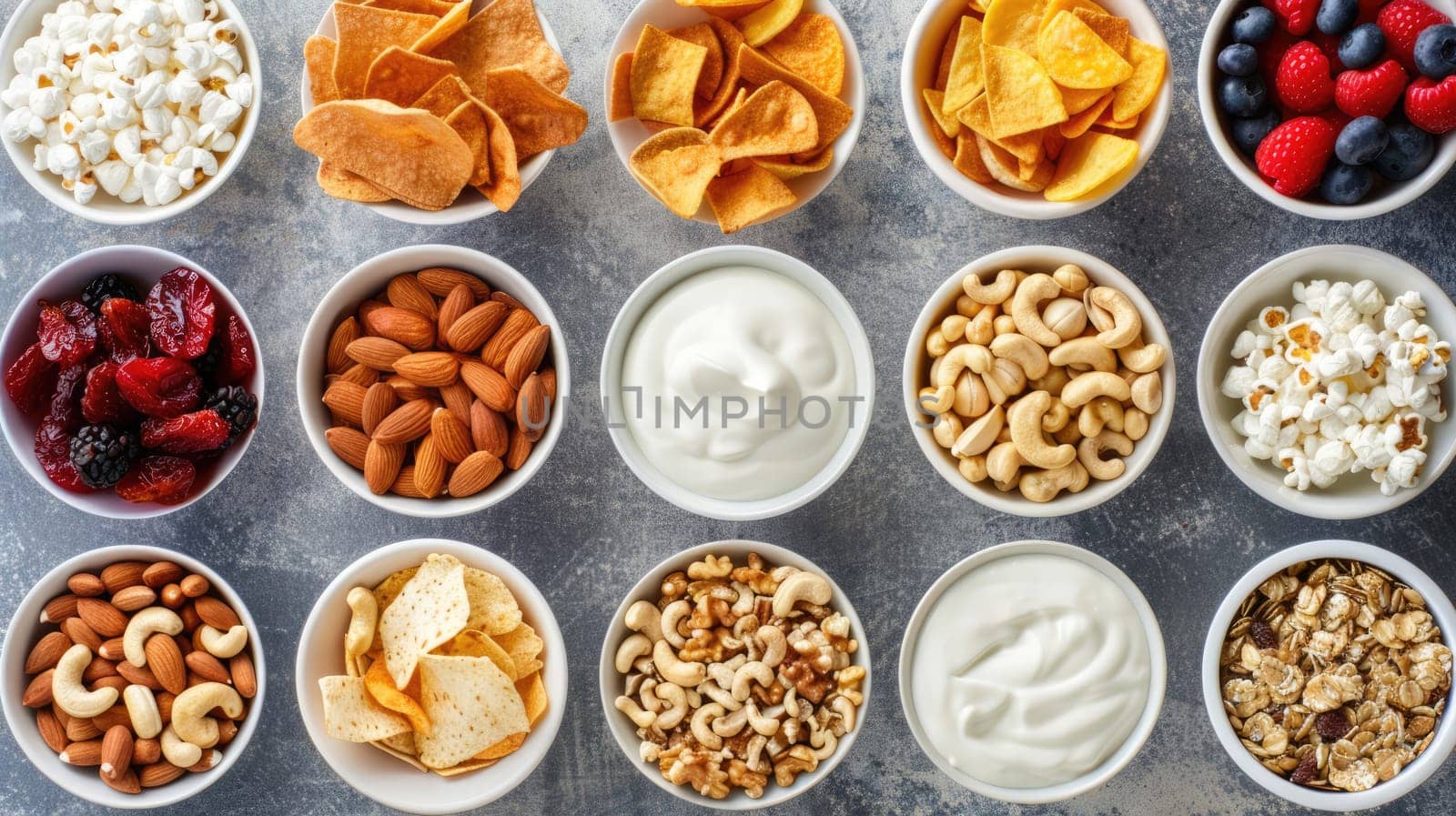 Mix of snacks. Variety of snacks such as nuts, chips and popcorn. AI