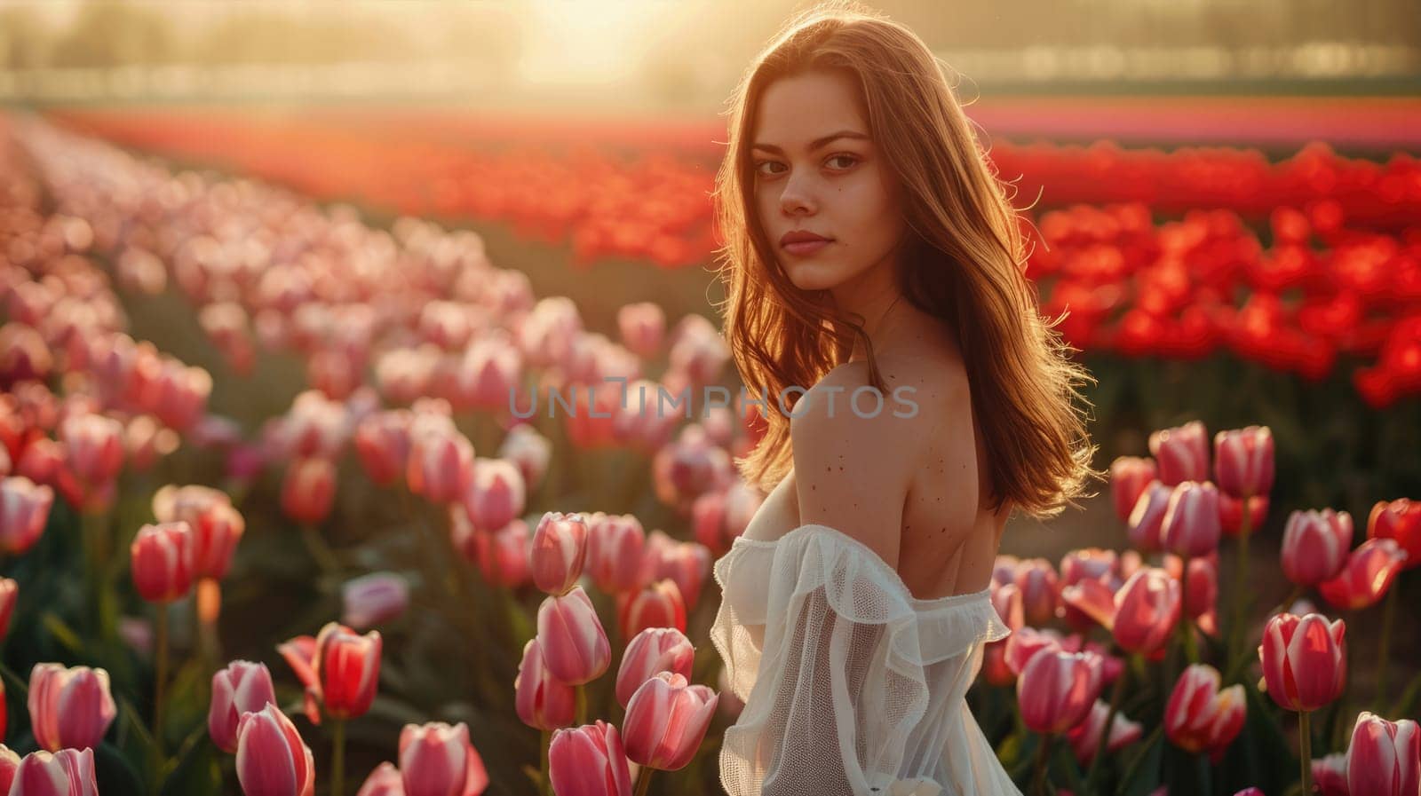 Girl in a beautiful light dress against the backdrop of tulip fields AI