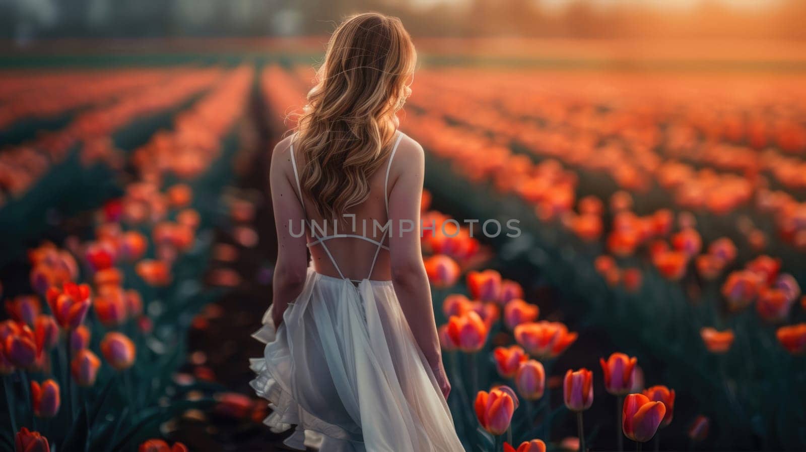 Girl in a beautiful light dress against the backdrop of tulip fields AI