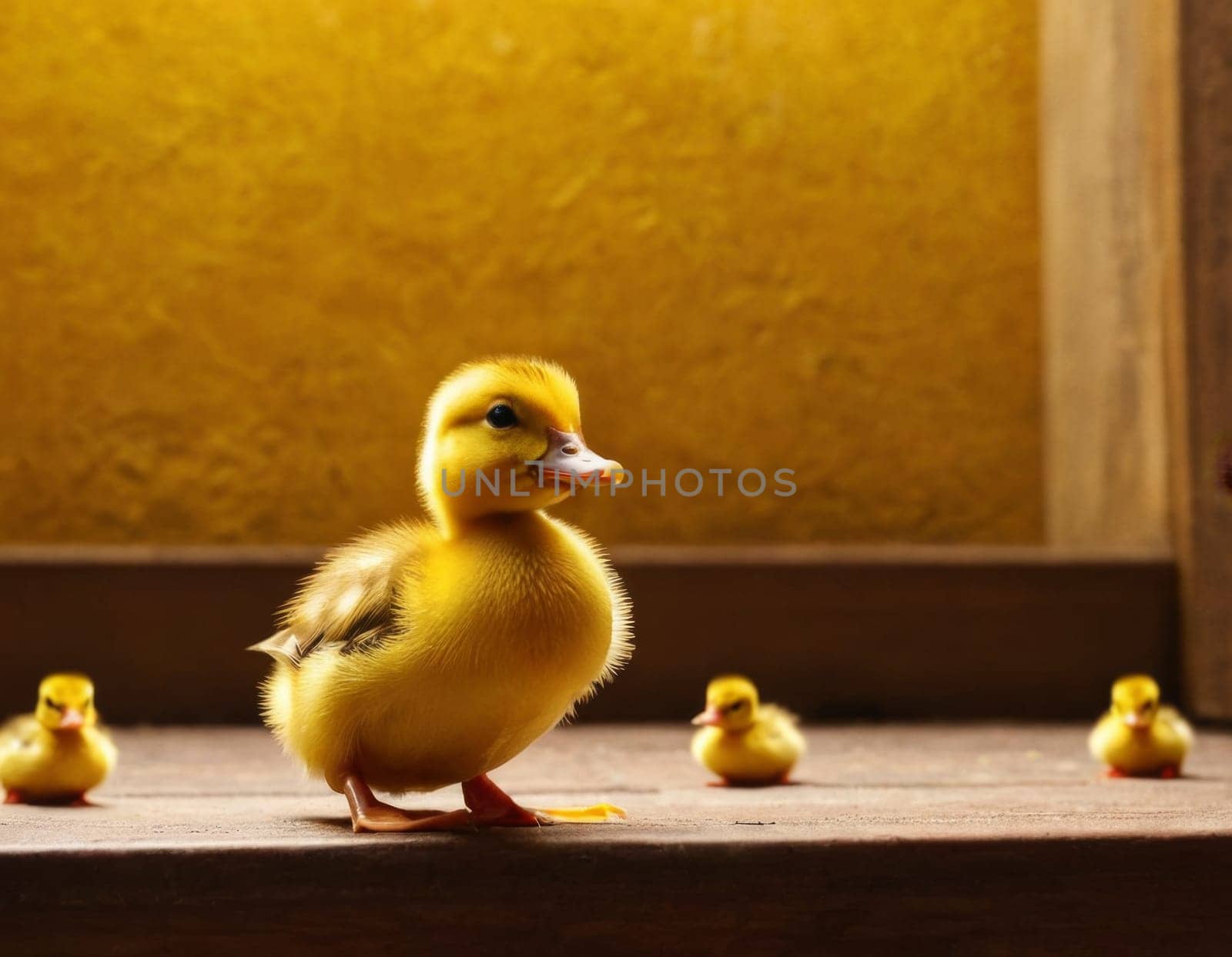A group of baby ducks are standing in a row. They are all yellow and seem to be looking at the camera.AI generation