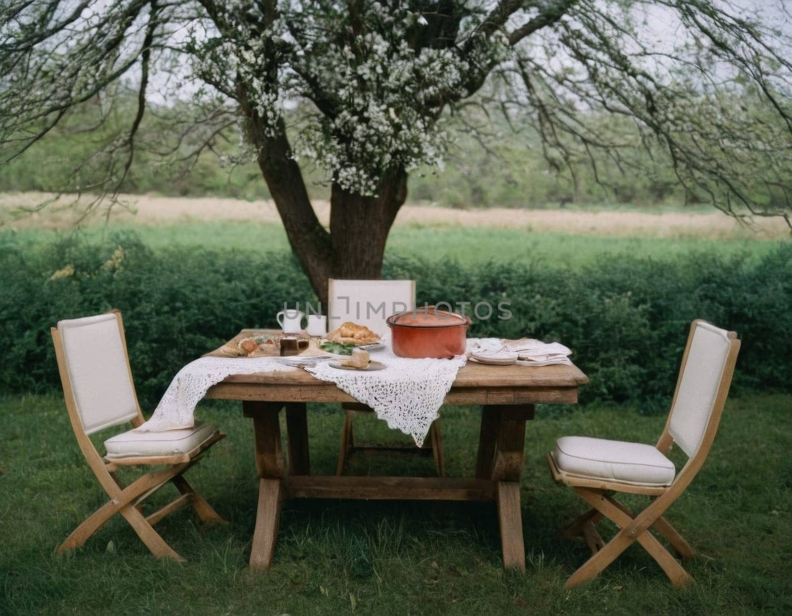 A table with a white tablecloth and a bunch of fruit on it. The table is set for a meal and there are two bottles on the table. Scene is relaxed and inviting. AI generation
