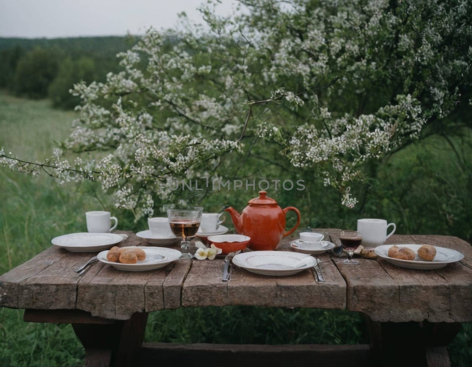 A table with a white tablecloth and a bunch of fruit on it. The table is set for a meal and there are two bottles on the table. Scene is relaxed and inviting. AI generation