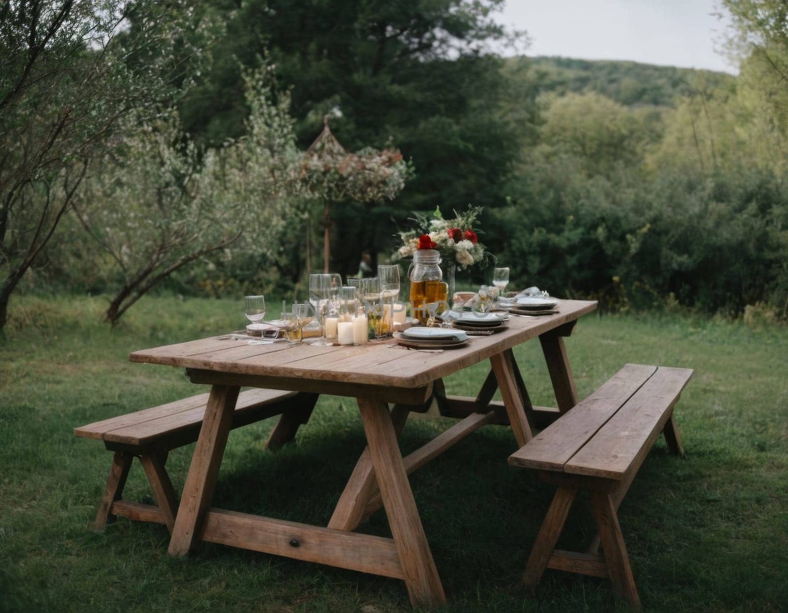 A table with a white tablecloth and a bunch of fruit on it. The table is set for a meal and there are two bottles on the table. Scene is relaxed and inviting. AI generation