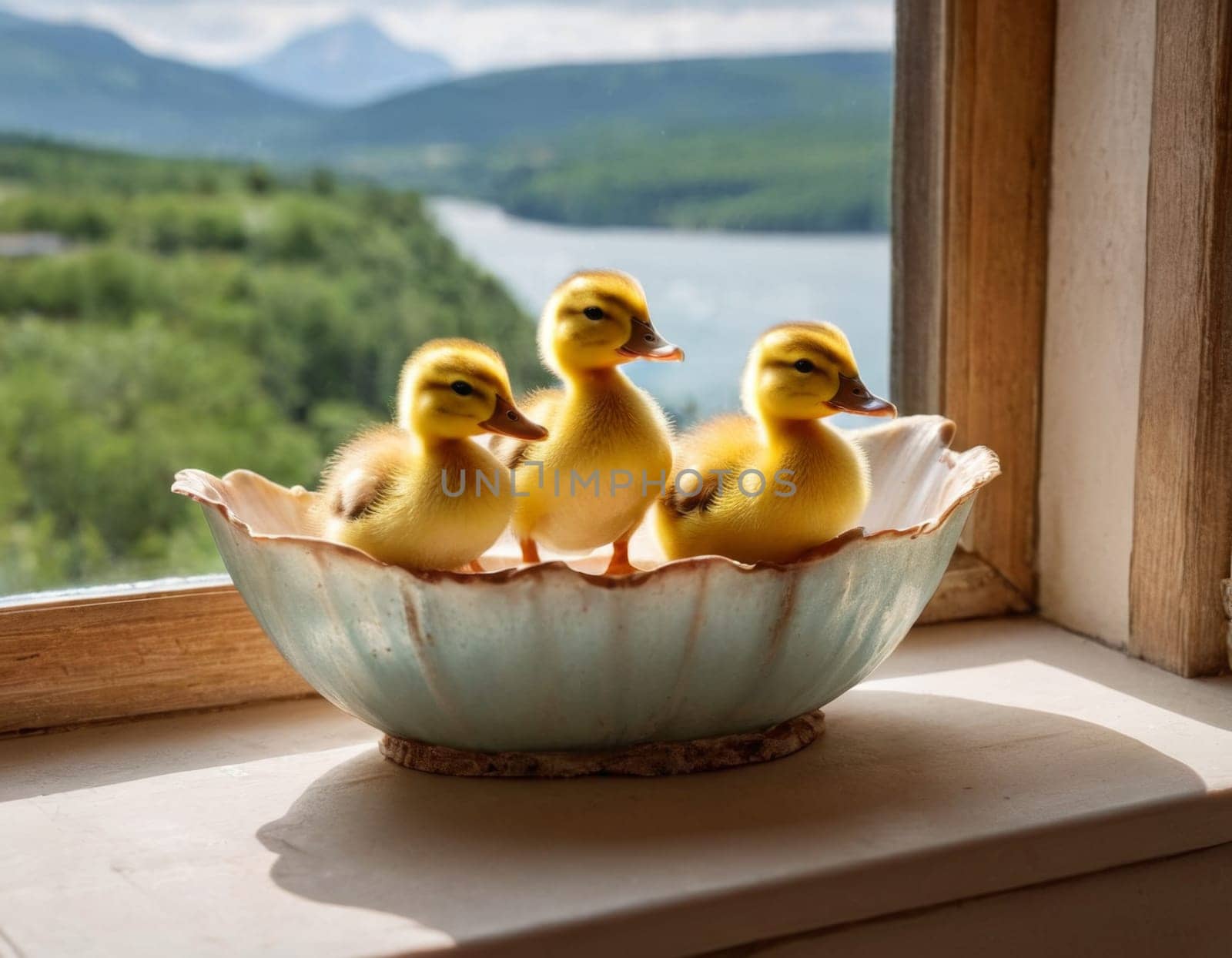 Three baby ducks are sitting in a bowl on a window sill. The bowl is blue and white.AI generation