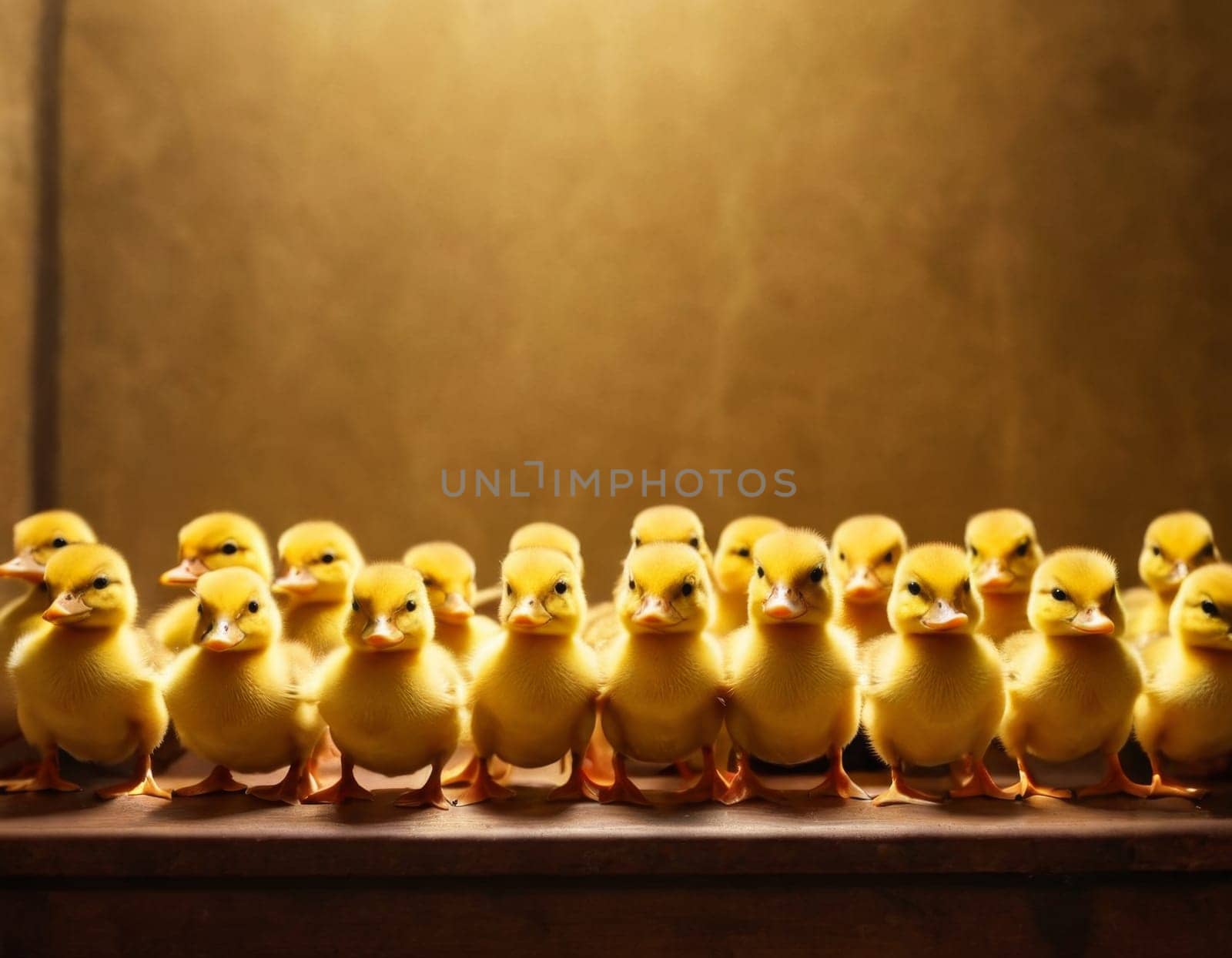 Yellow ducklings stand in a row. by vicnt