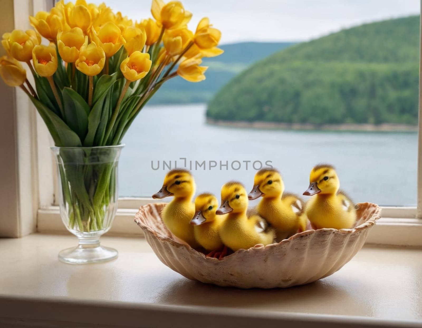 Three baby ducks are sitting in a bowl on a window sill by vicnt