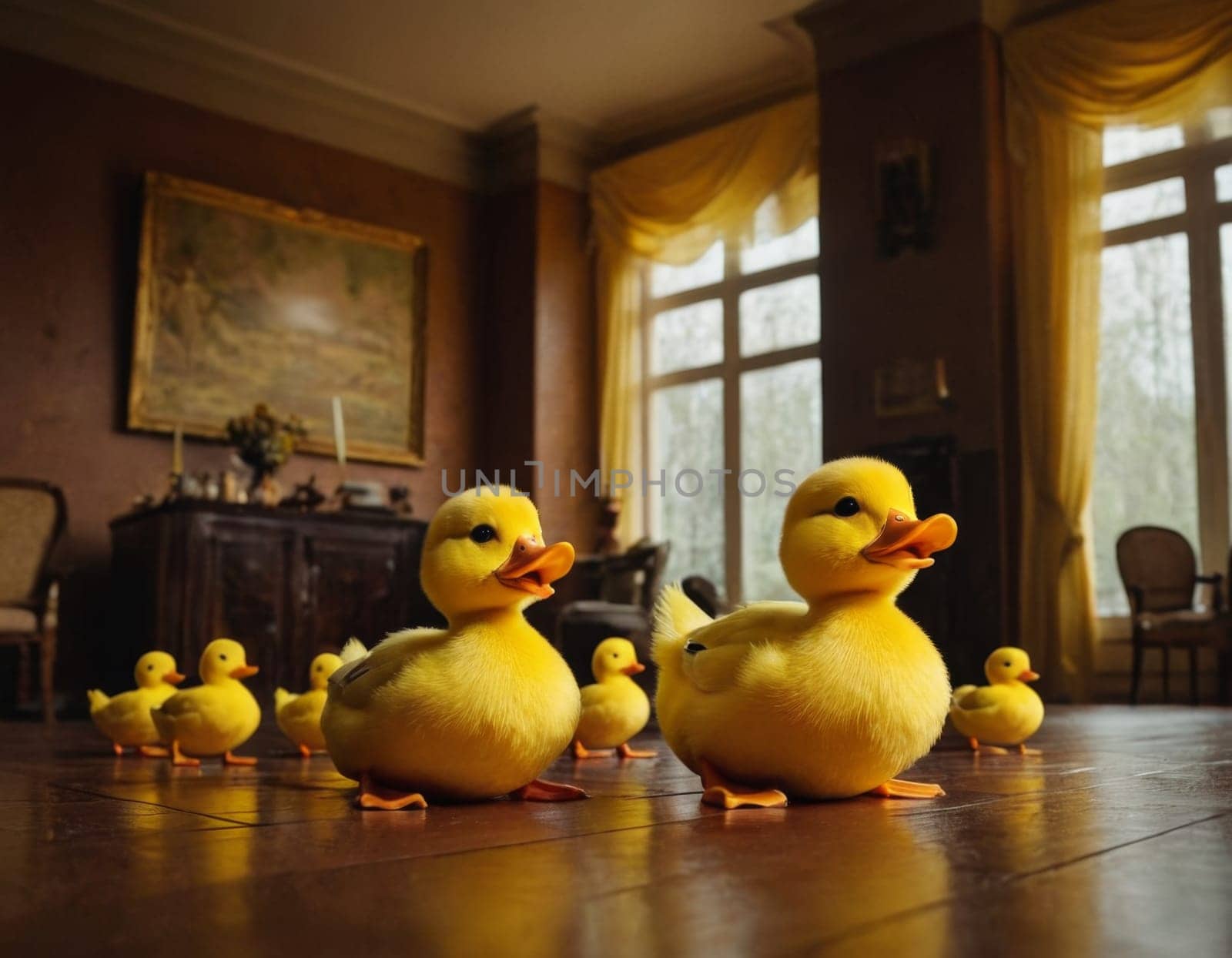 A group of four yellow rubber ducks are sitting in a blue tray. One of the ducks is smaller than the others.AI generation