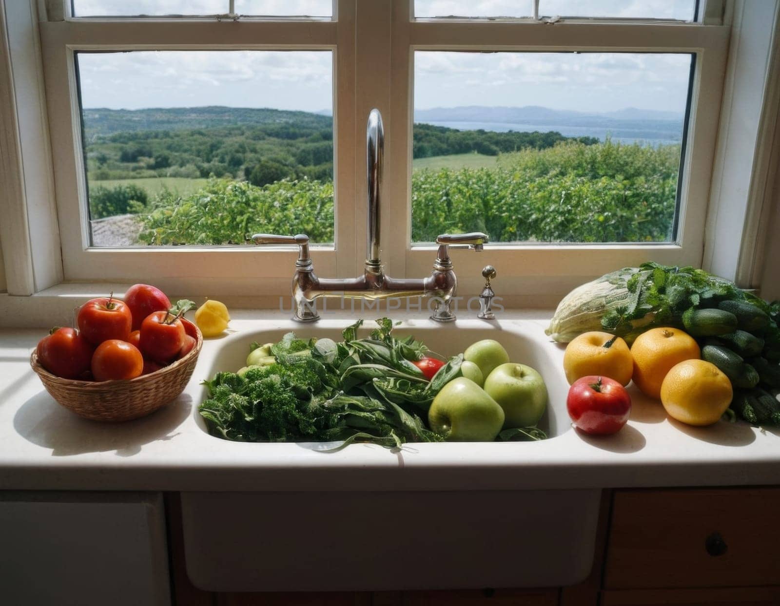 Fresh harvest of summer vegetables in the kitchen sink. AI generation
