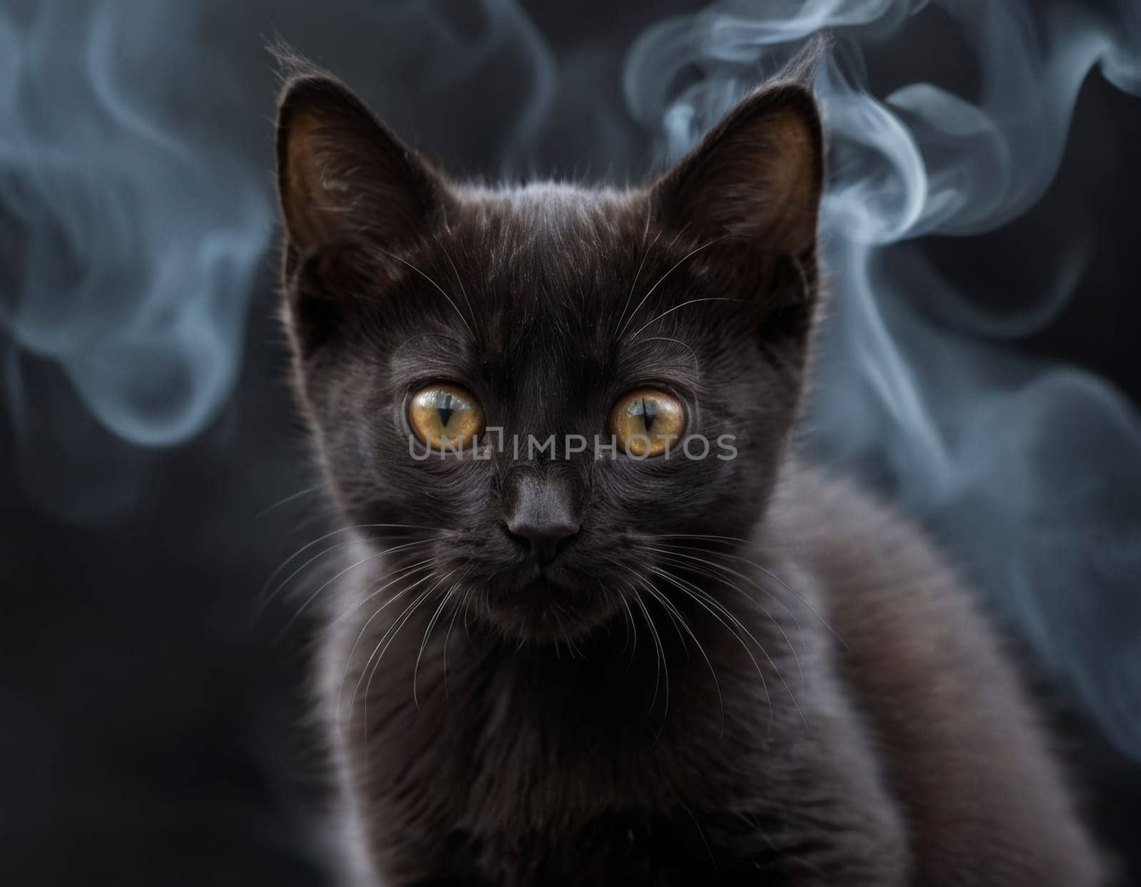 A small black kitten against a background of smoke in the dark. AI generation