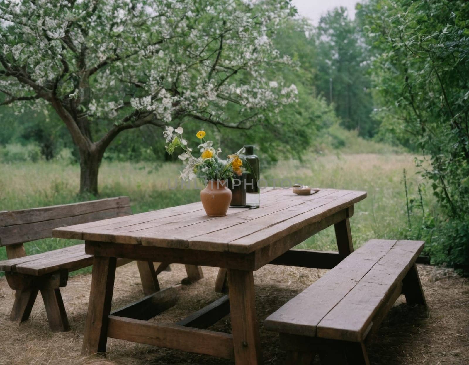 A table with a white tablecloth and a bunch of fruit on it. The table is set for a meal and there are two bottles on the table. Scene is relaxed and inviting. AI generation