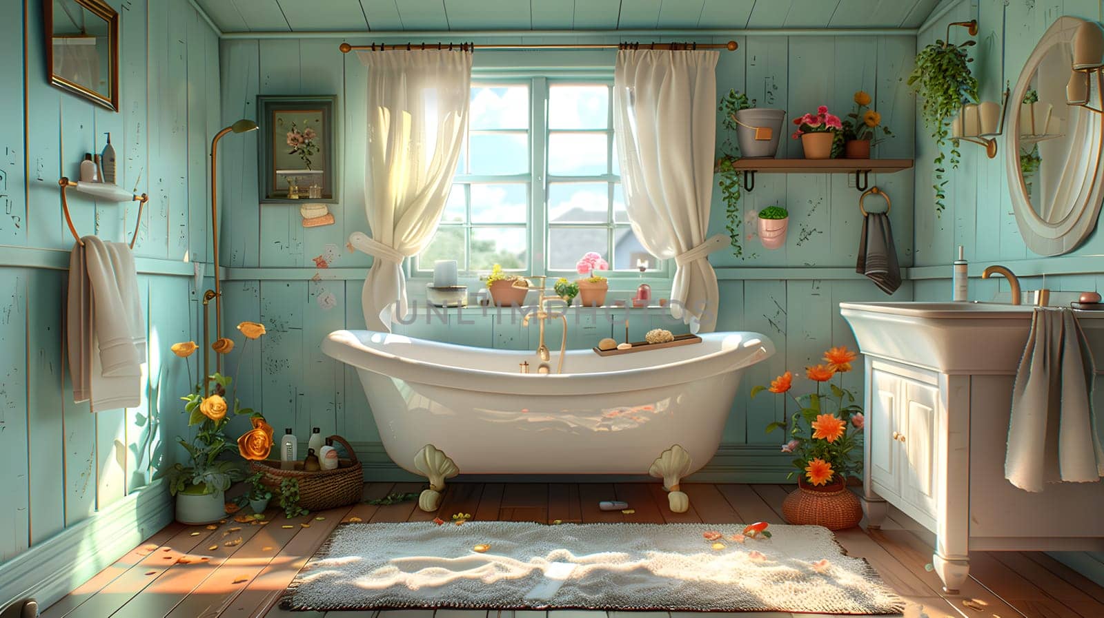 A bathroom with a bathtub, sink, mirror, and window, showcasing azure walls and a plant for a touch of nature. The interior design features fixtures, flowers, and a shiny floor