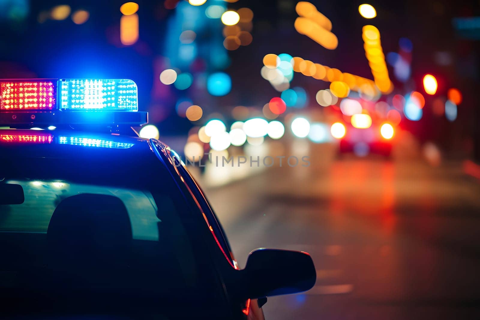 police car lights at night in city street with selective focus and bokeh. Neural network generated image. Not based on any actual person or scene.