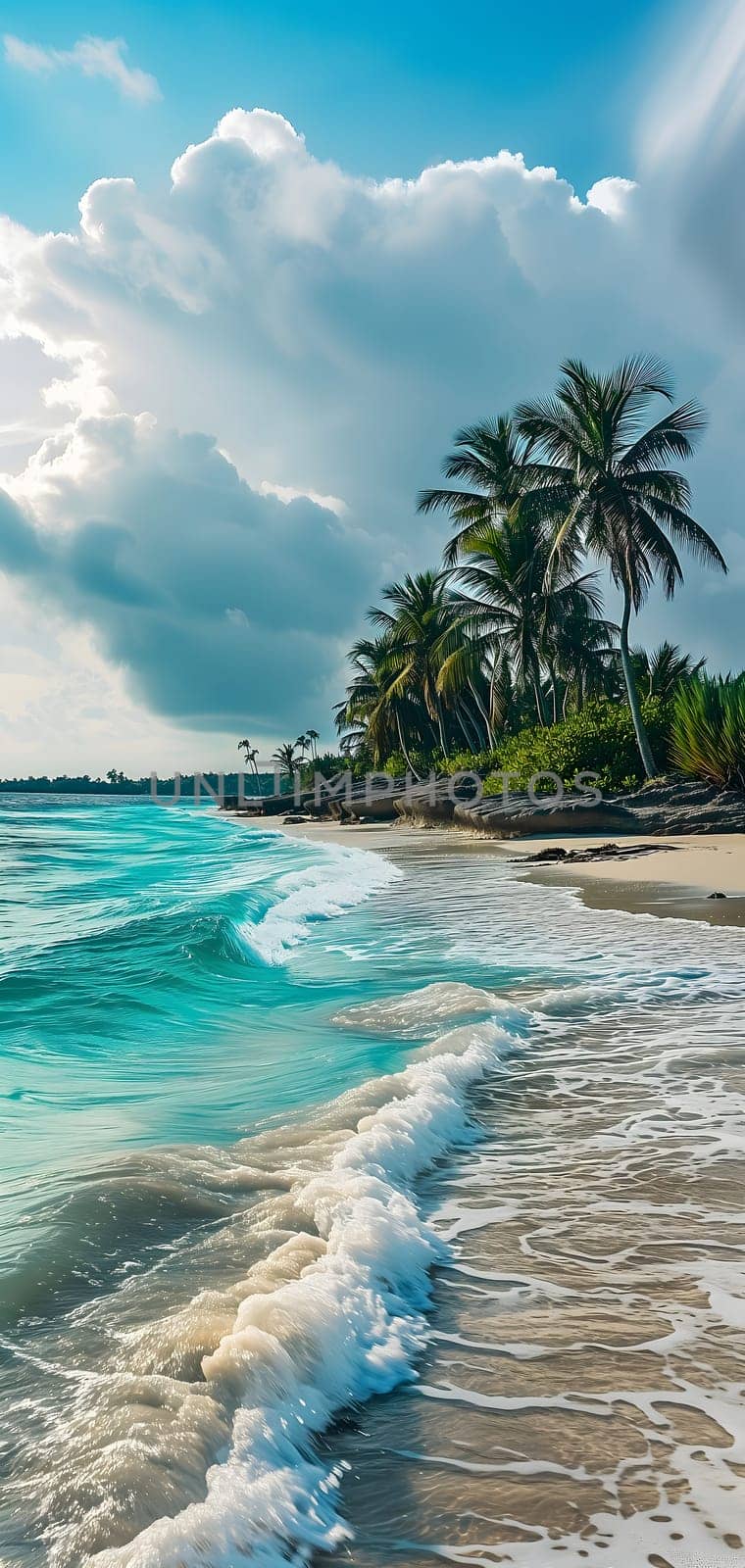 tropical beach view at sunny day with white sand, turquoise water and palm tree. Neural network generated image. Not based on any actual scene or pattern.