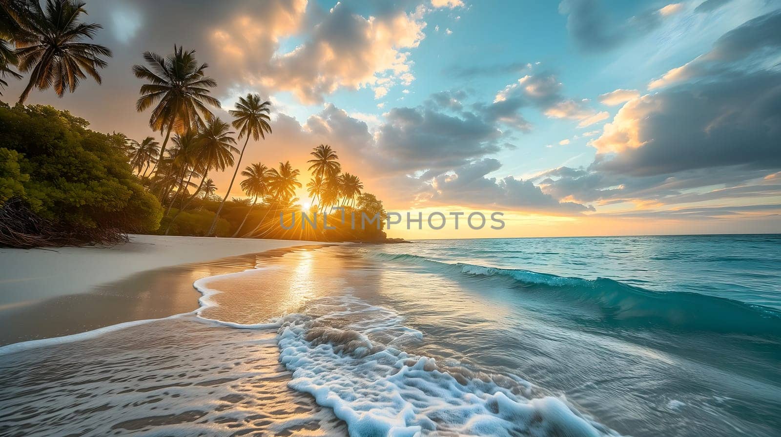 tropical beach view at sunset or sunrise with white sand, turquoise water and palm trees. Neural network generated image. Not based on any actual scene or pattern.