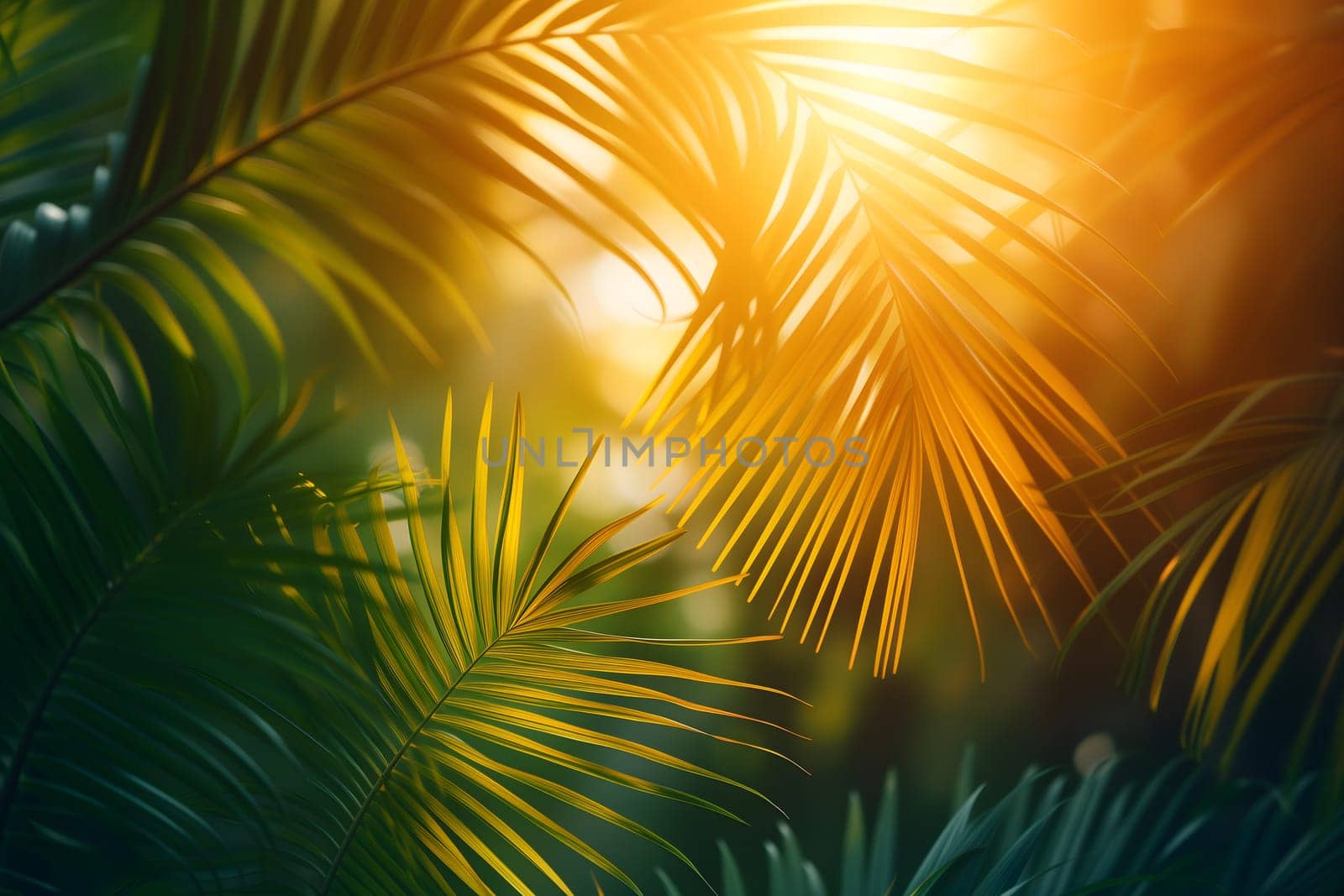 Vibrant sunny backdrop palm leaves with golden sun light. Neural network generated in January 2024. Not based on any actual scene or pattern.