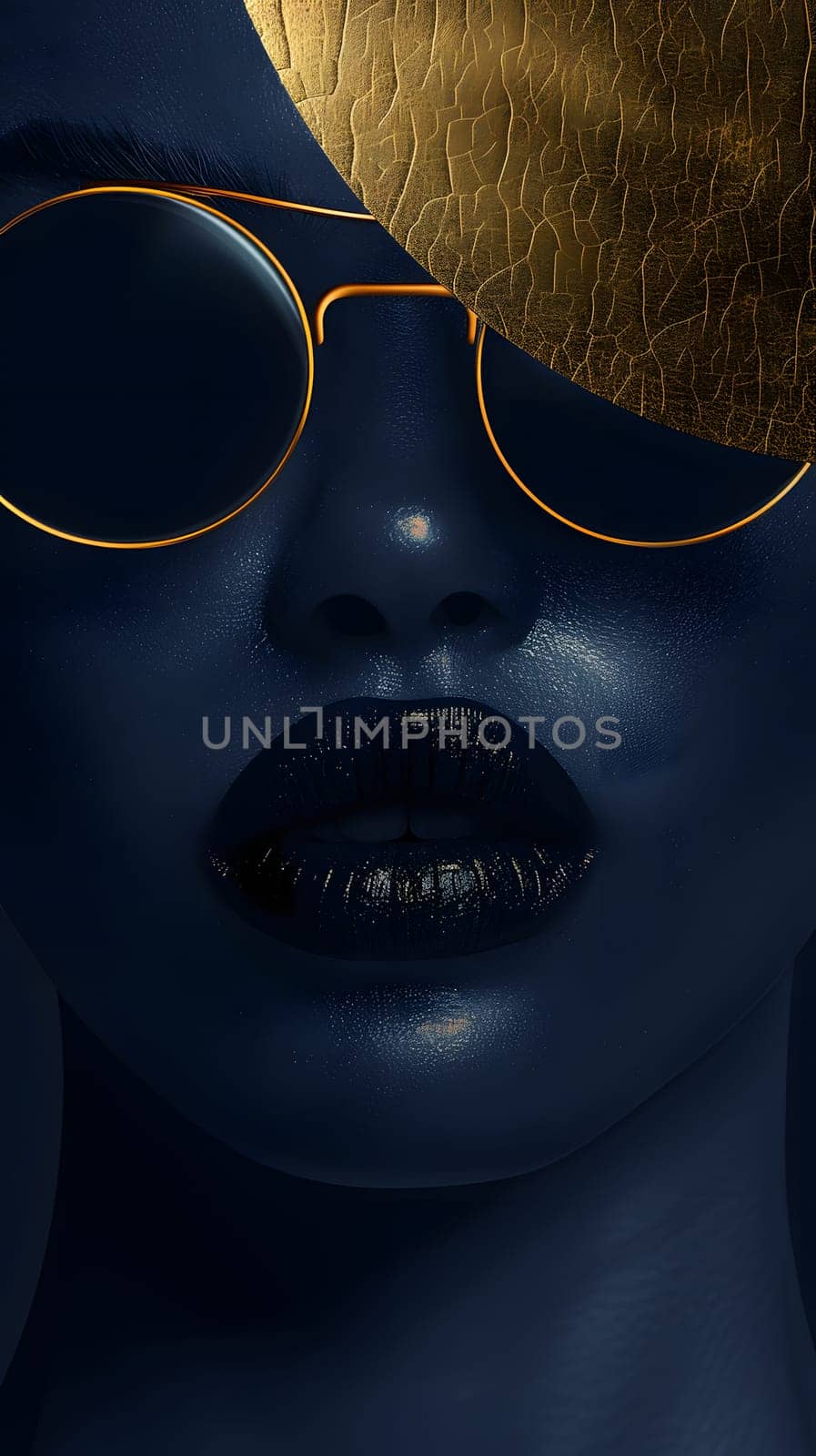A close up of a womans face with electric blue glasses and black lips, showcasing trendy eyewear and eye glass accessory style