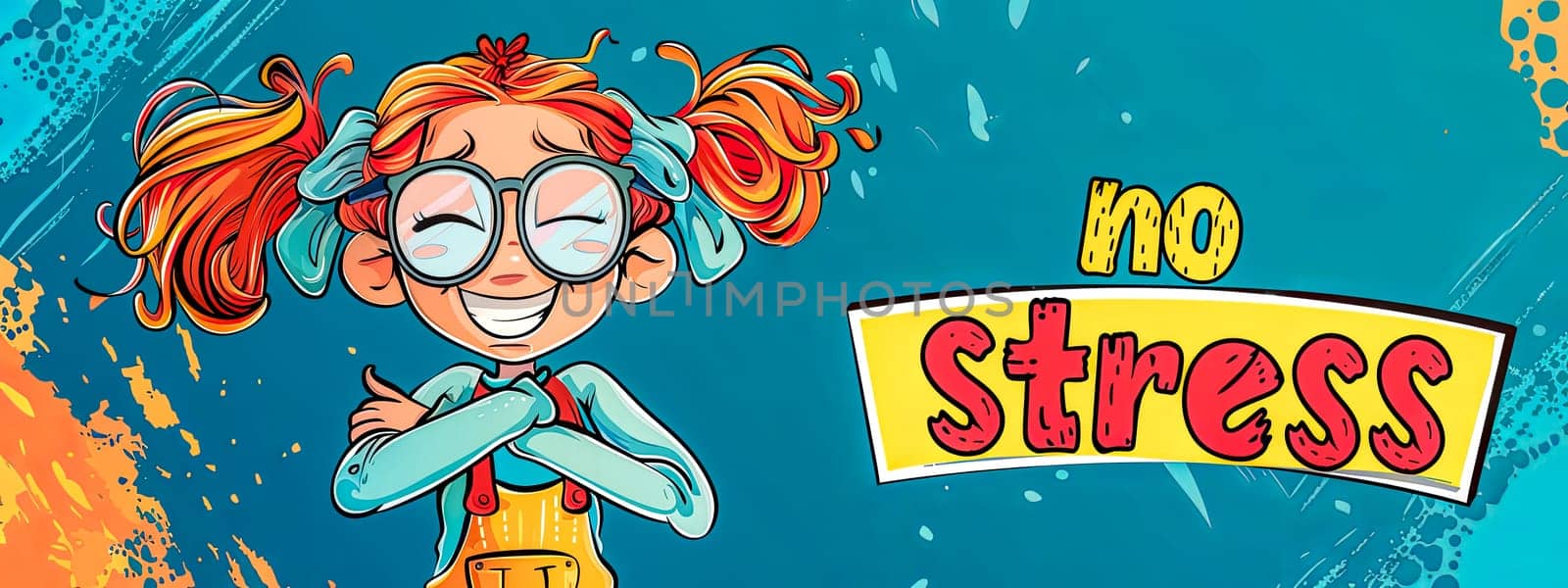 Cheerful animated young girl with vibrant hair, big glasses, embracing a relaxed, stress-free attitude