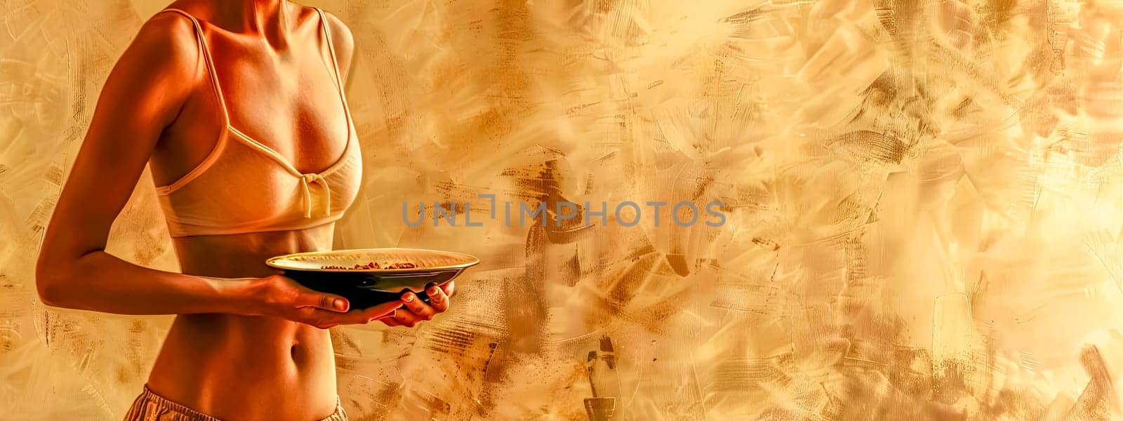 Elegant woman holds a bowl against an abstract backdrop, bathed in golden light