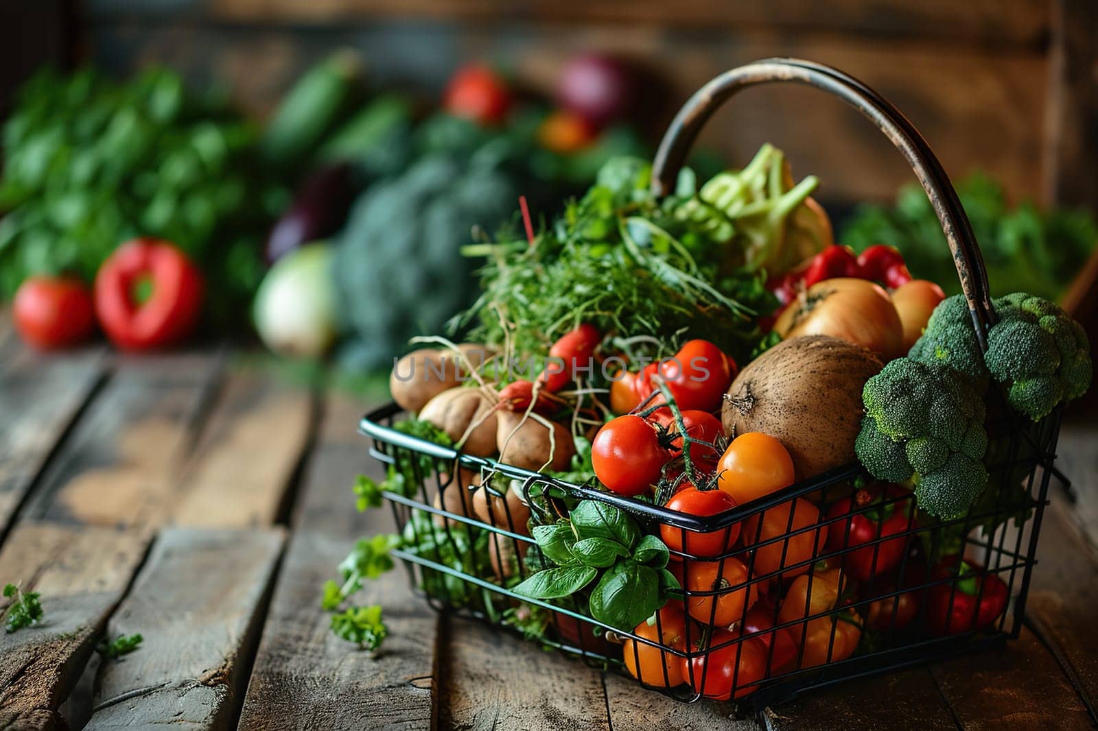 Basket with farm vegetables on an old wooden table.