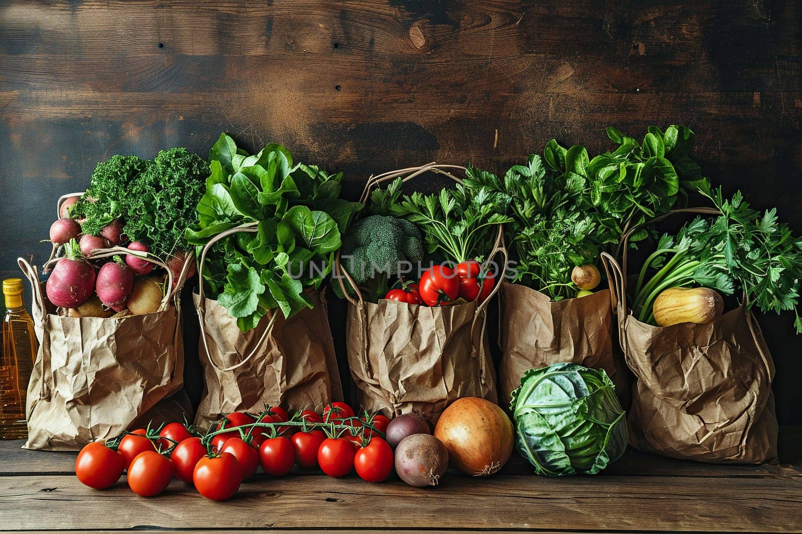 Craft bags with fresh vegetables on a wooden background.