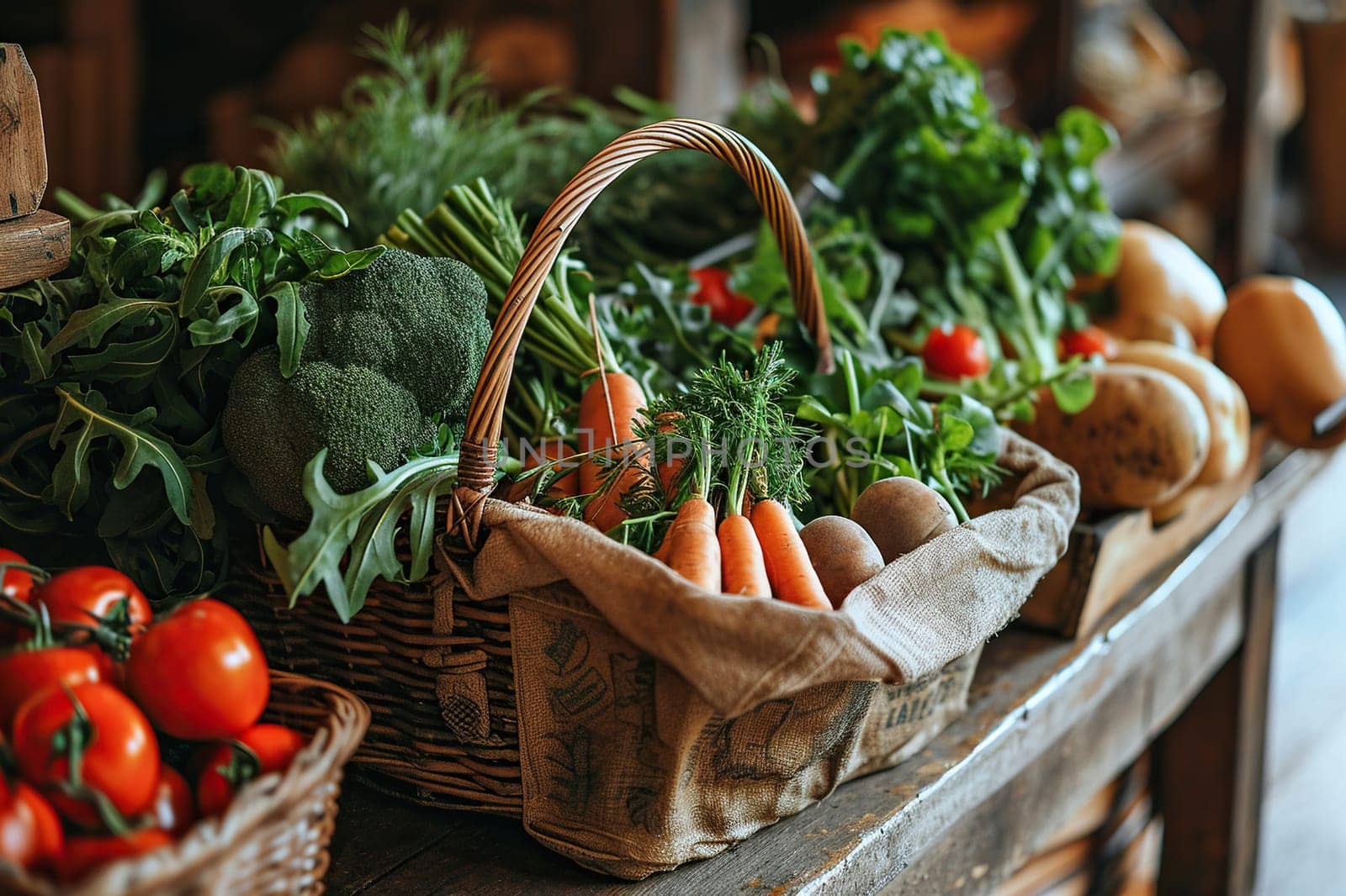 Ripe vegetables and herbs on a wooden counter at a vegetable market.
