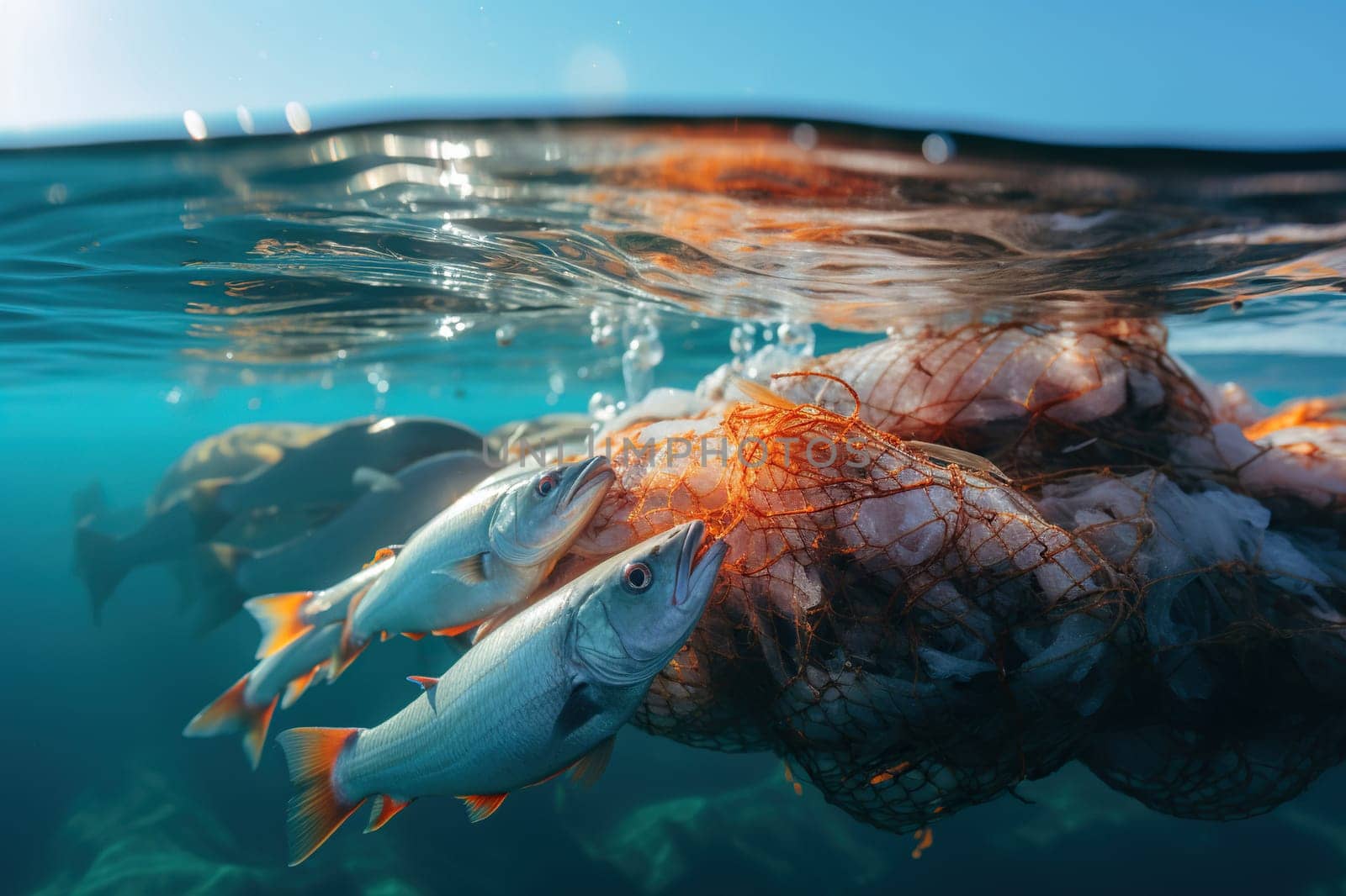 Red net full of fish in the water. Photo underwater.