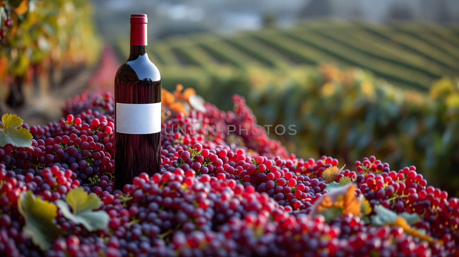 A red wine bottle in front of a landscape of grape farmland. Neural network generated image. Not based on any actual scene or pattern.