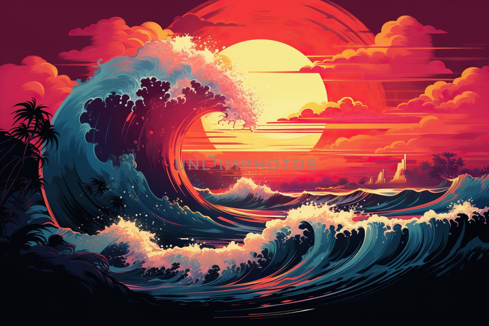 Foamy sea wave in the rays of sunset against the background of an orange sky. Surfing wave.