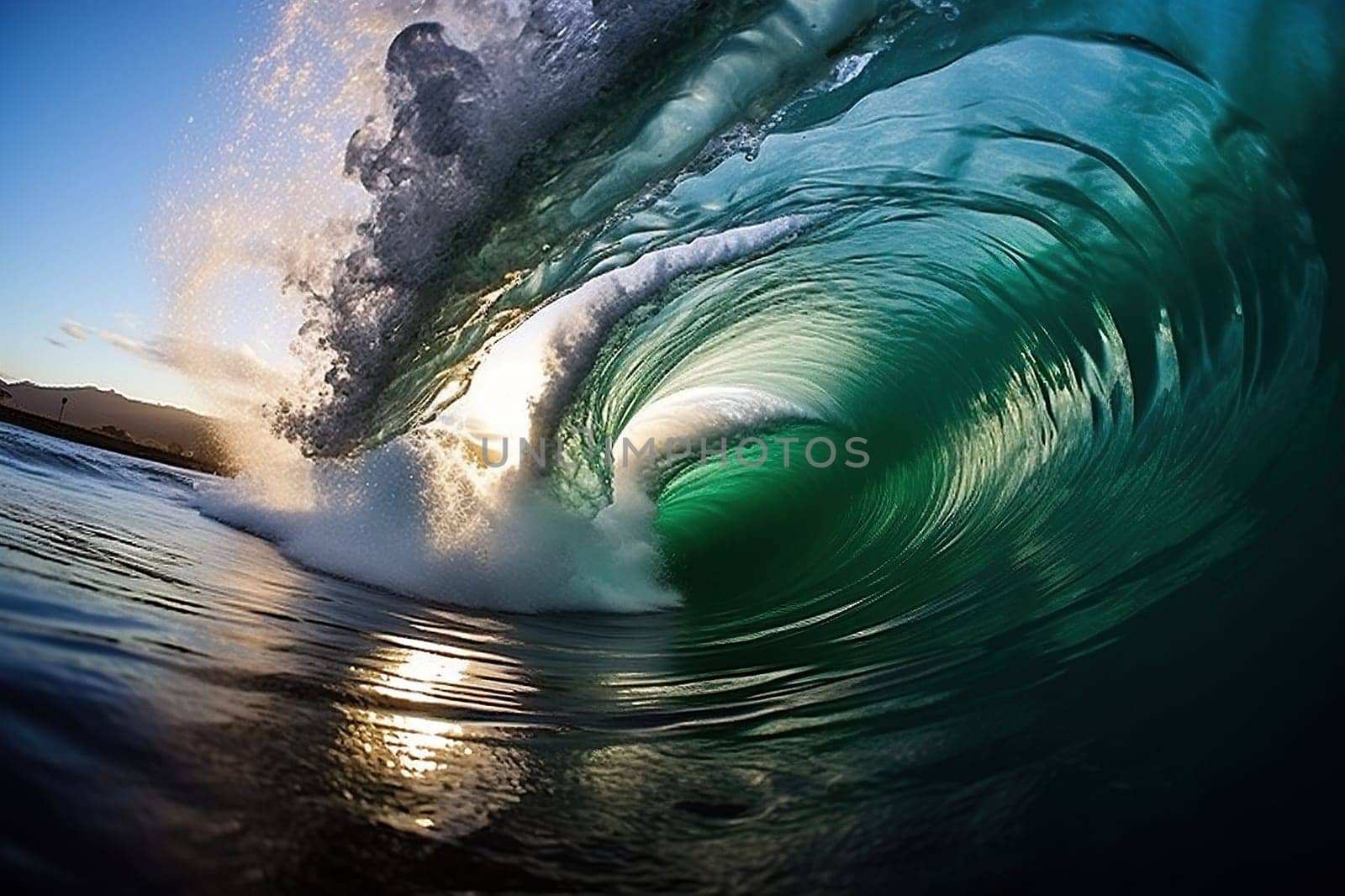 Powerful foamy swirling sea wave. Surfing wave.