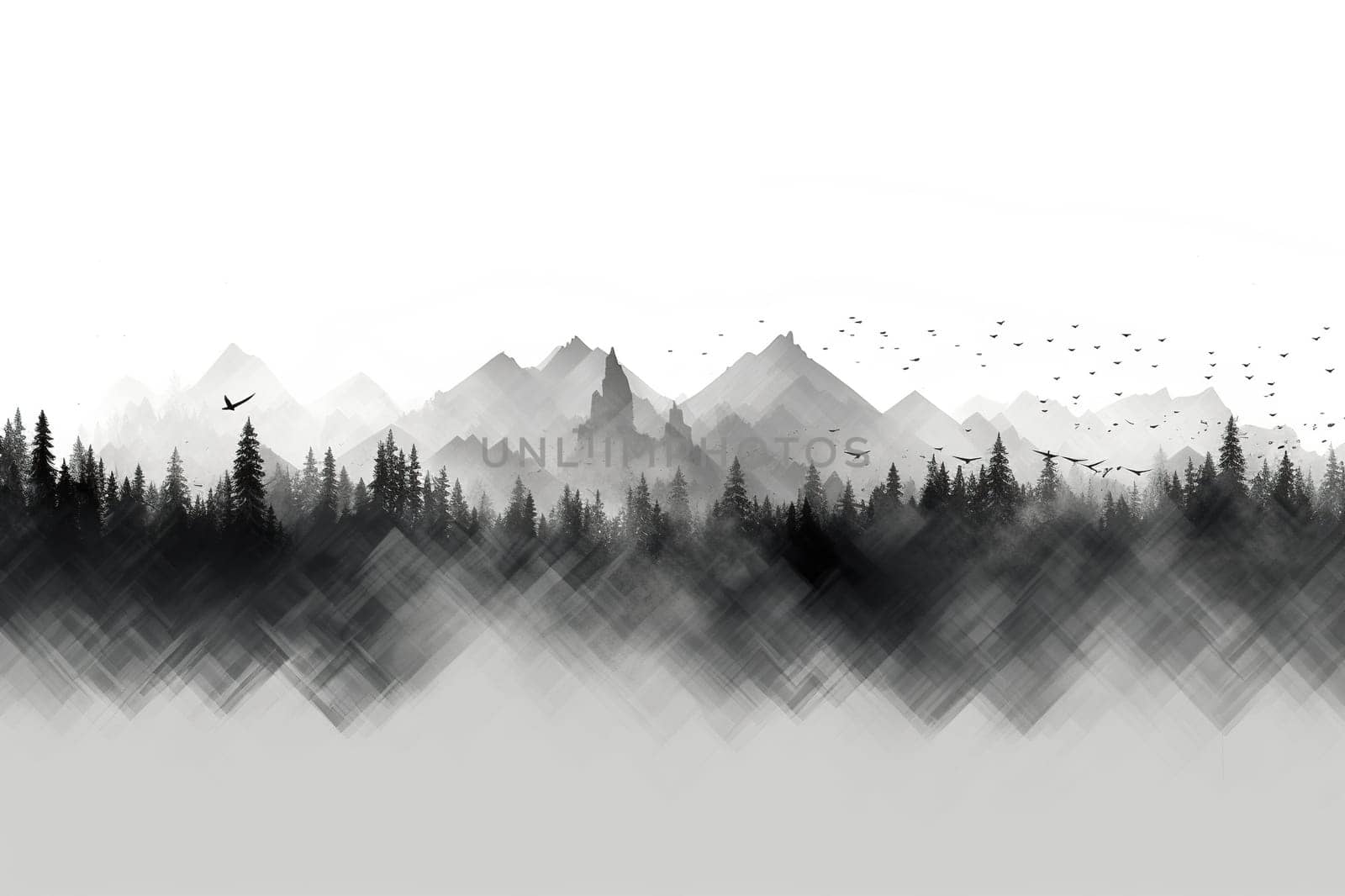 Drawing of mountains in black and white. Horizontal mountain landscape.