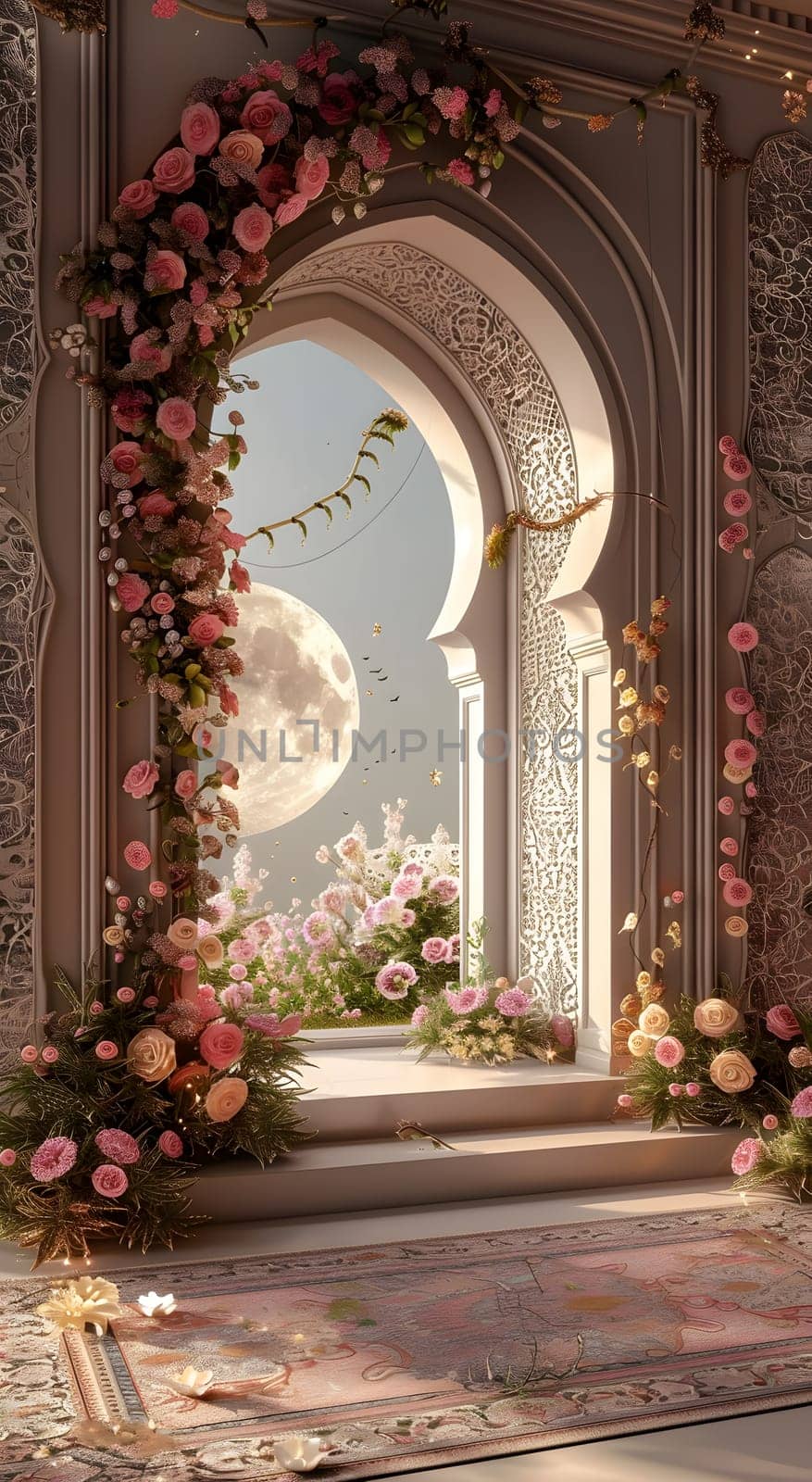 The room features a window framed by blooming flowers, overlooking a full moon. The buildings facade, adorned with brickwork, adds to the symmetry and artistry of the scene