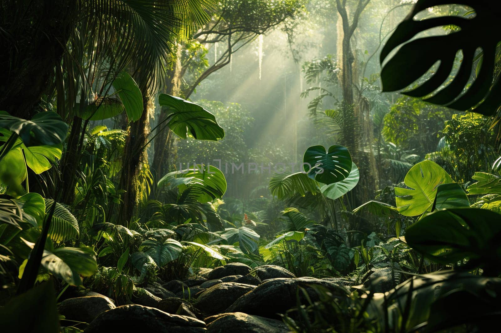 Beautiful view of a tropical forest with sun rays.