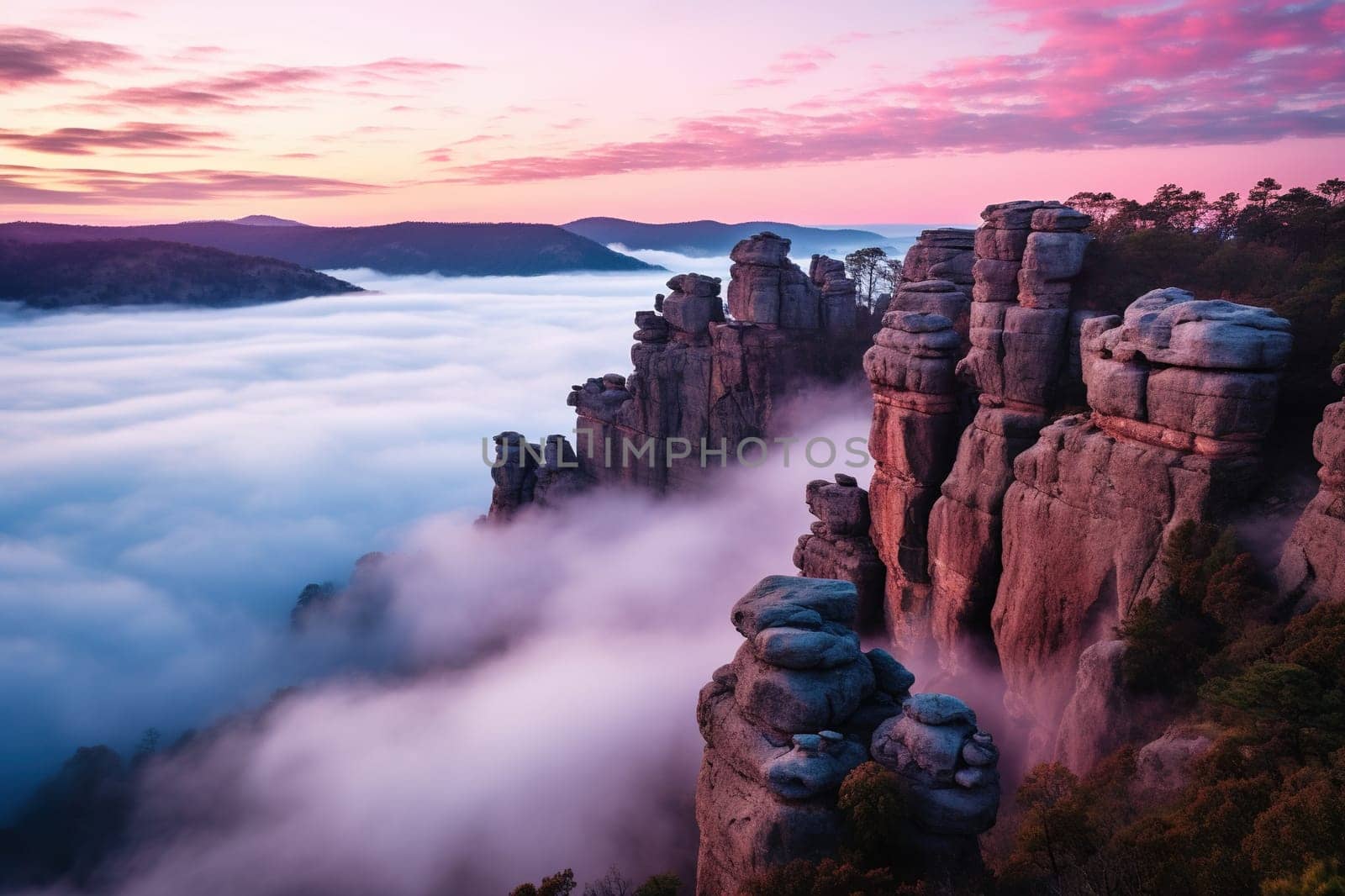 High rocks in pink clouds and fog. Beautiful landscape of mountain peaks.