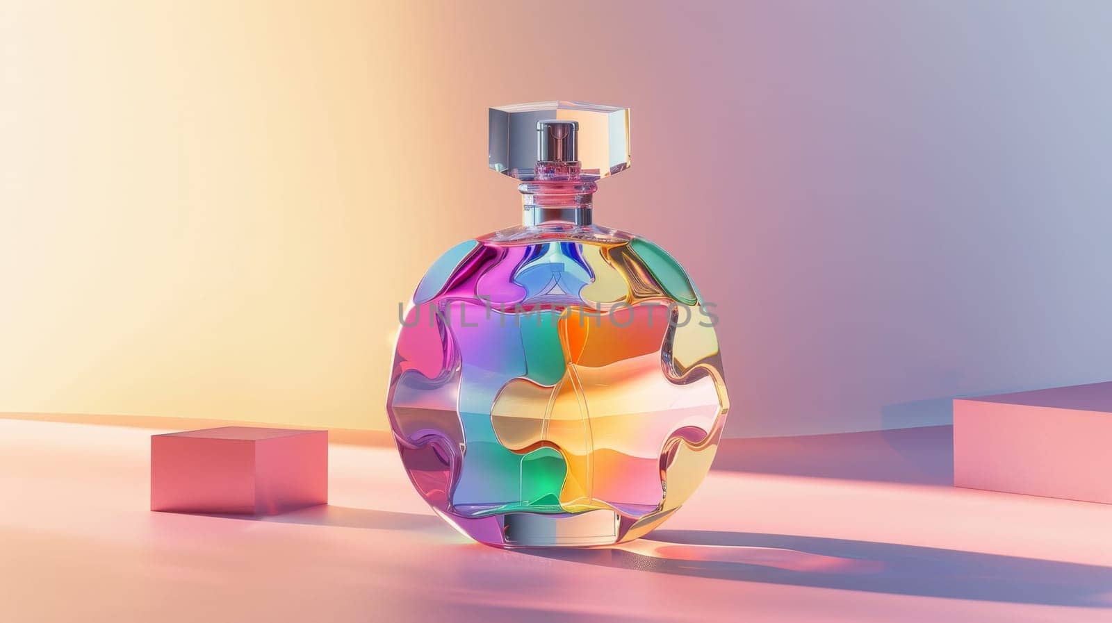 A bottle of perfume with a rainbow colored, The bottle is colorful and has a unique design by nijieimu