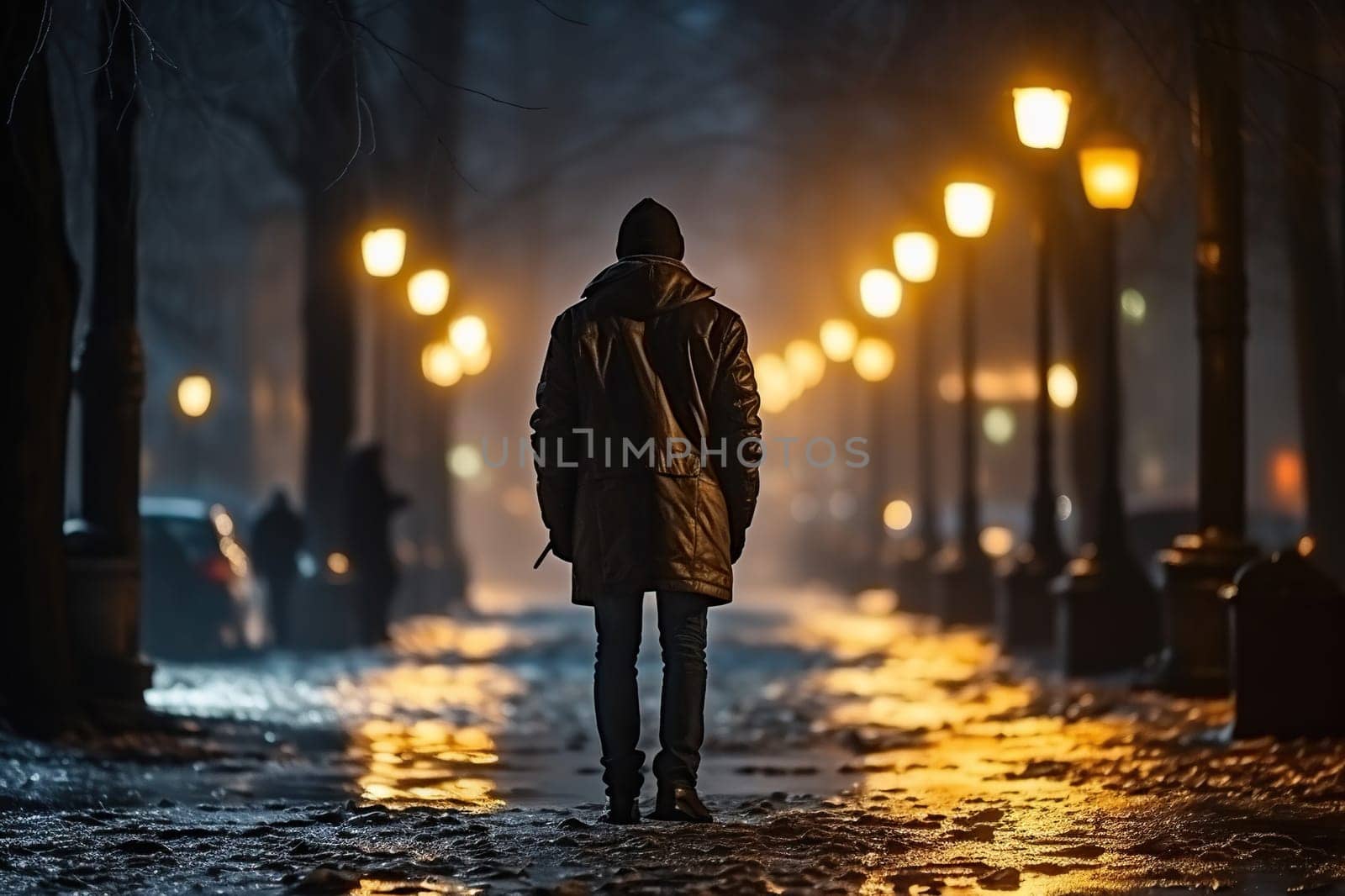 Rear view of one man on a dark street.