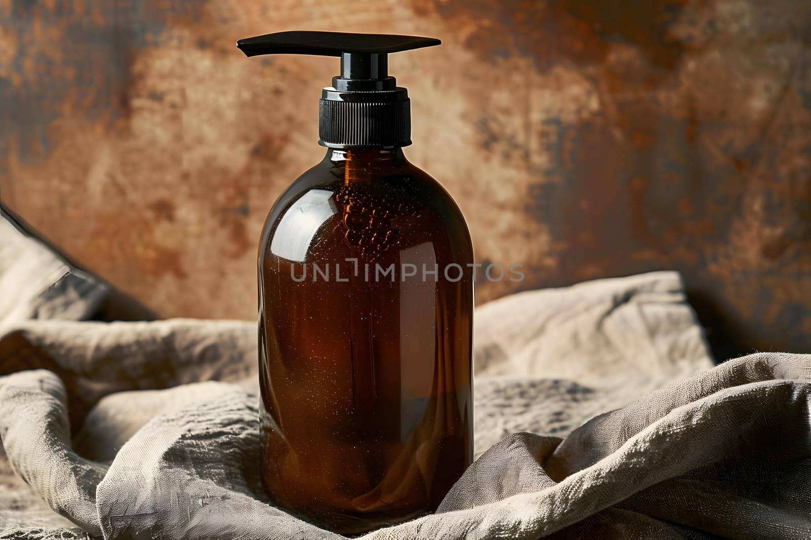 a brown bottle with a black pump is sitting on a cloth by Nadtochiy
