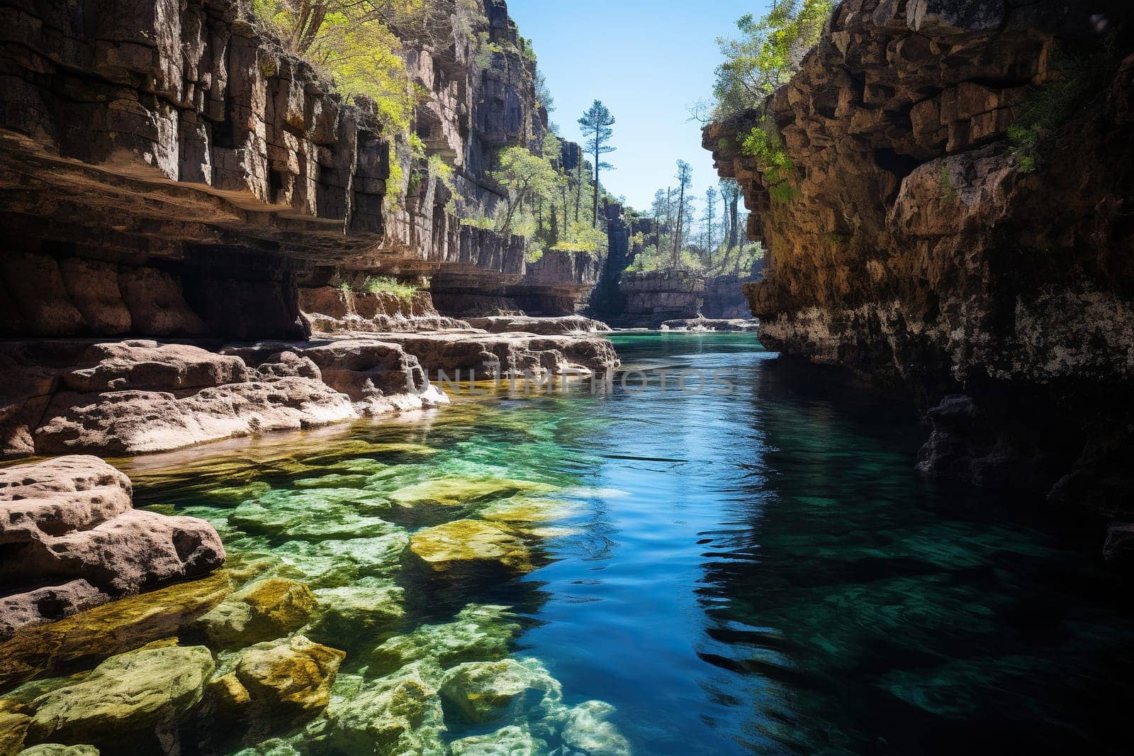 Beautiful landscape with rocks, river and forest.